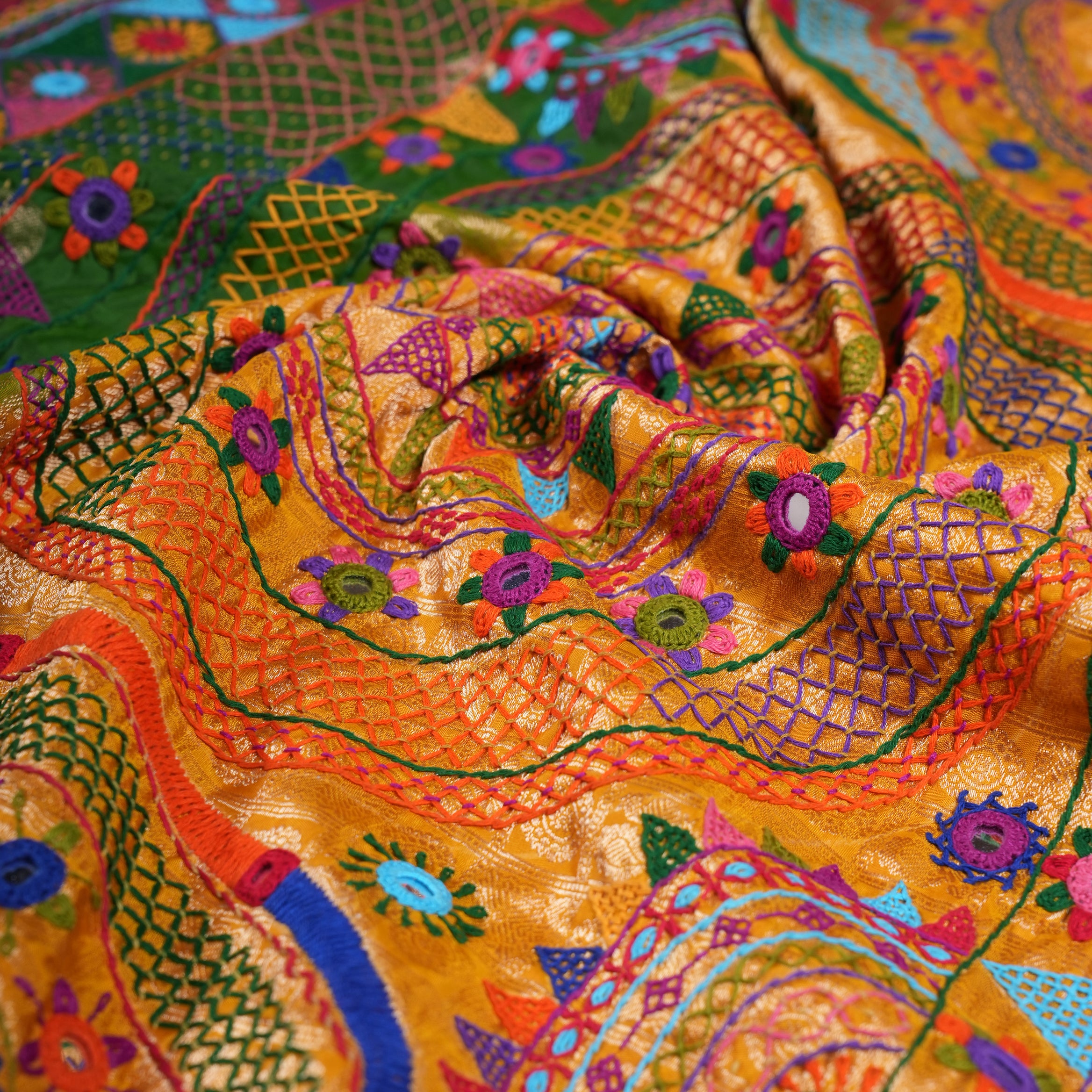 Molkalmuru Lambani Silk Saree | Mustard Yellow & Green Hand Embroidered Mirror Work Saree