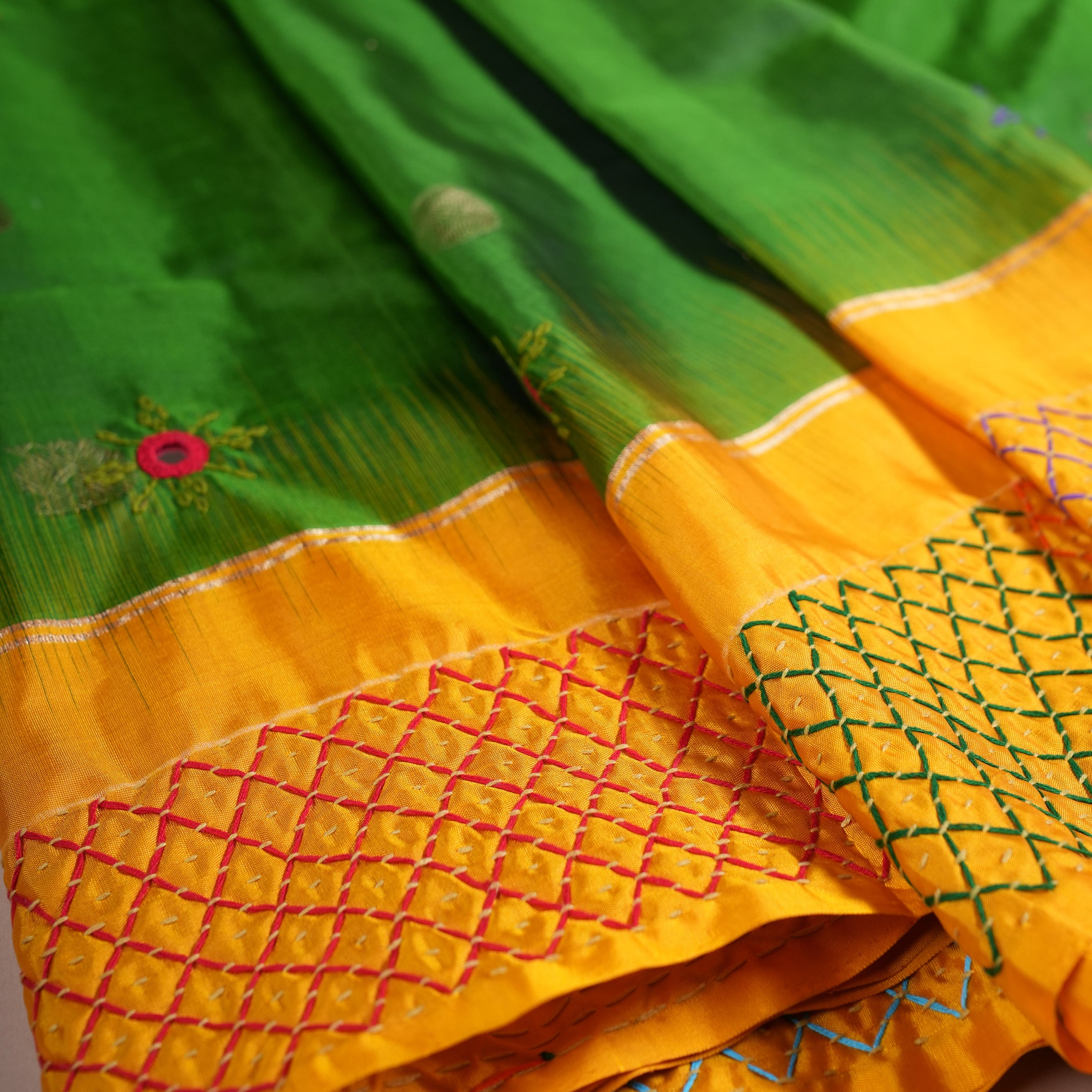 Molkalmuru Lambani Silk Saree | Mustard Yellow & Green Hand Embroidered Mirror Work Saree