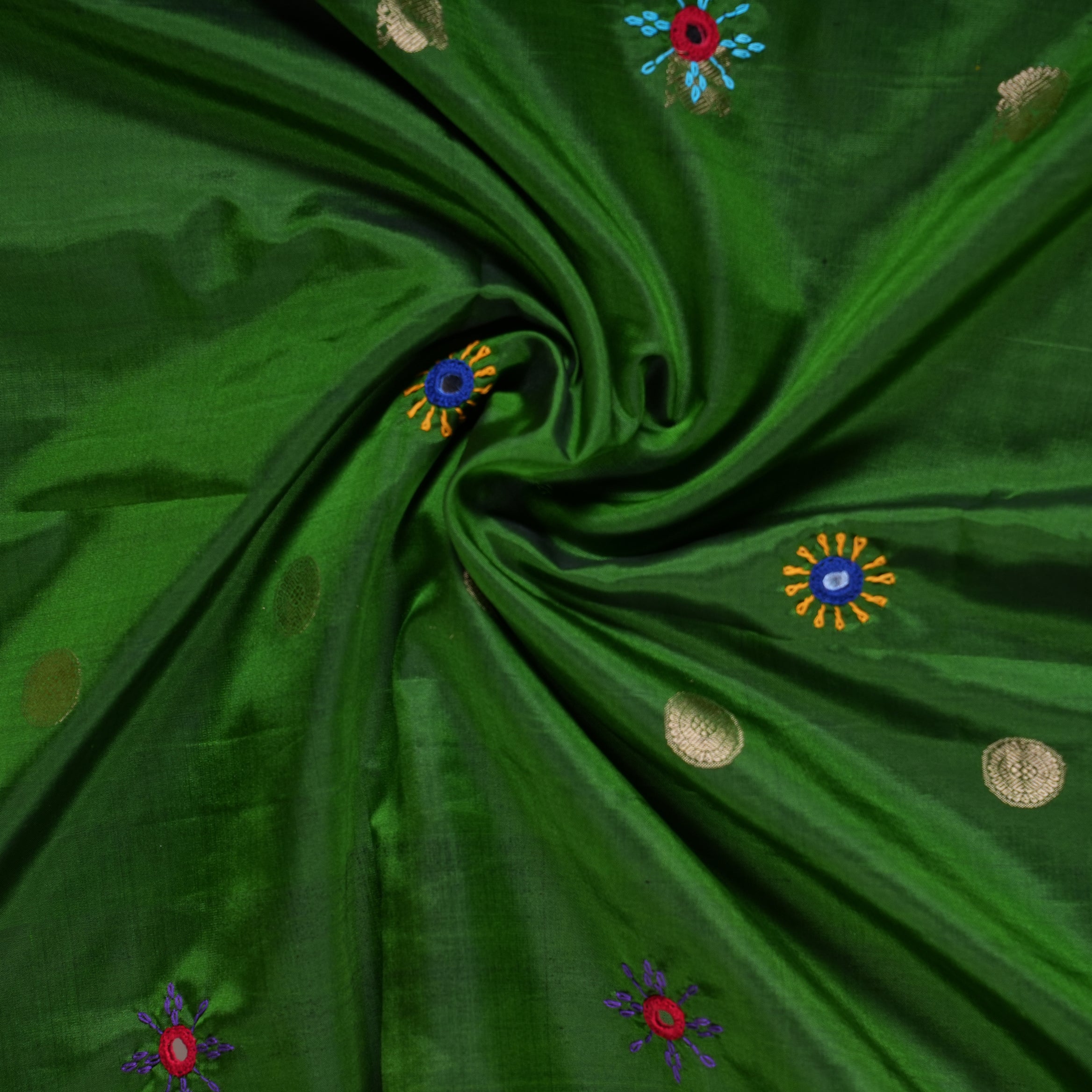 Molkalmuru Lambani Silk Saree | Mustard Yellow & Green Hand Embroidered Mirror Work Saree