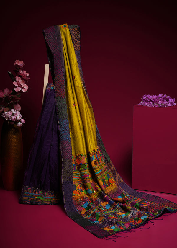 Molkalmuru Lambani Silk Saree | Mustard Yellow & Purple Hand Embroidered Mirror Work Saree