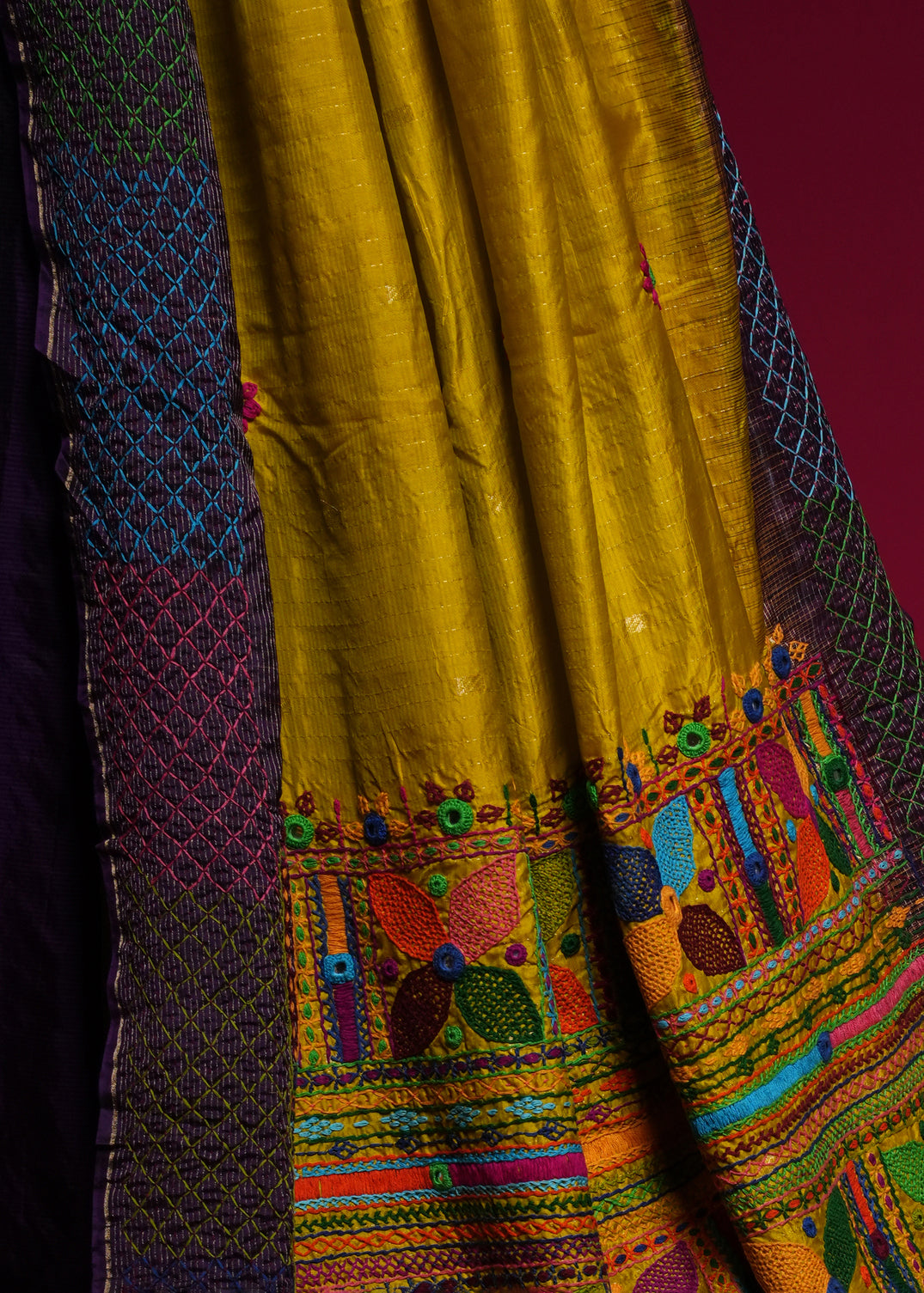Molkalmuru Lambani Silk Saree | Mustard Yellow & Purple Hand Embroidered Mirror Work Saree