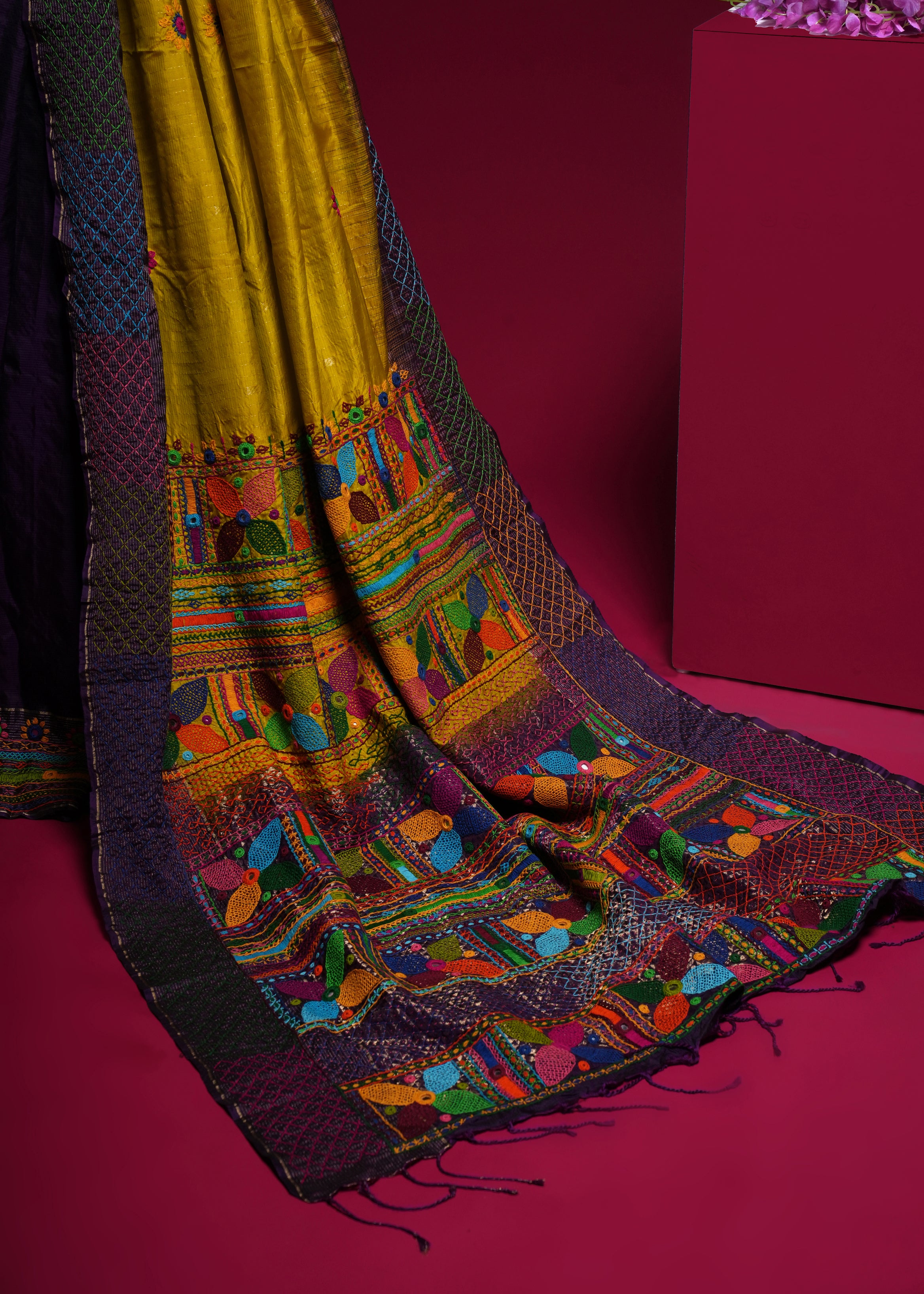 Molkalmuru Lambani Silk Saree | Mustard Yellow & Purple Hand Embroidered Mirror Work Saree