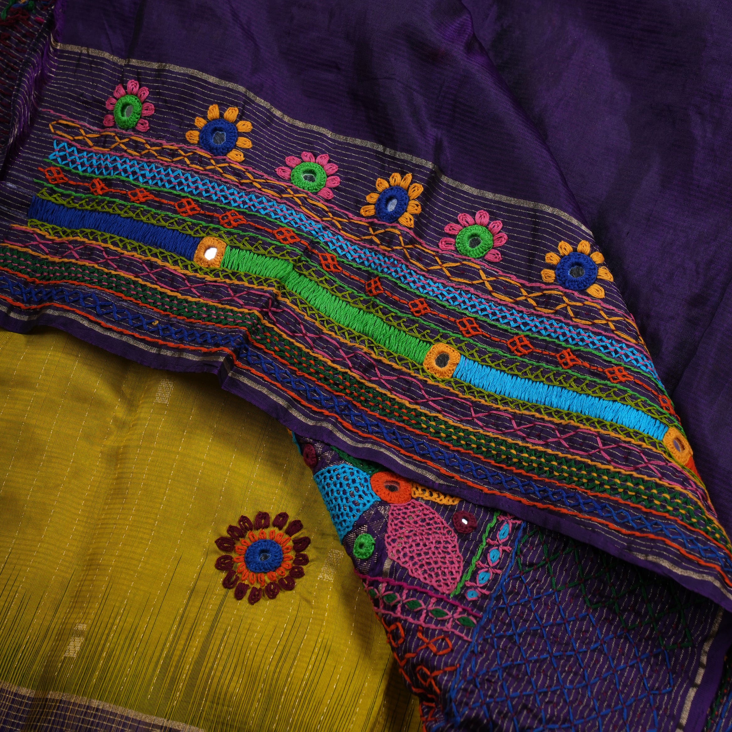 Molkalmuru Lambani Silk Saree | Mustard Yellow & Purple Hand Embroidered Mirror Work Saree