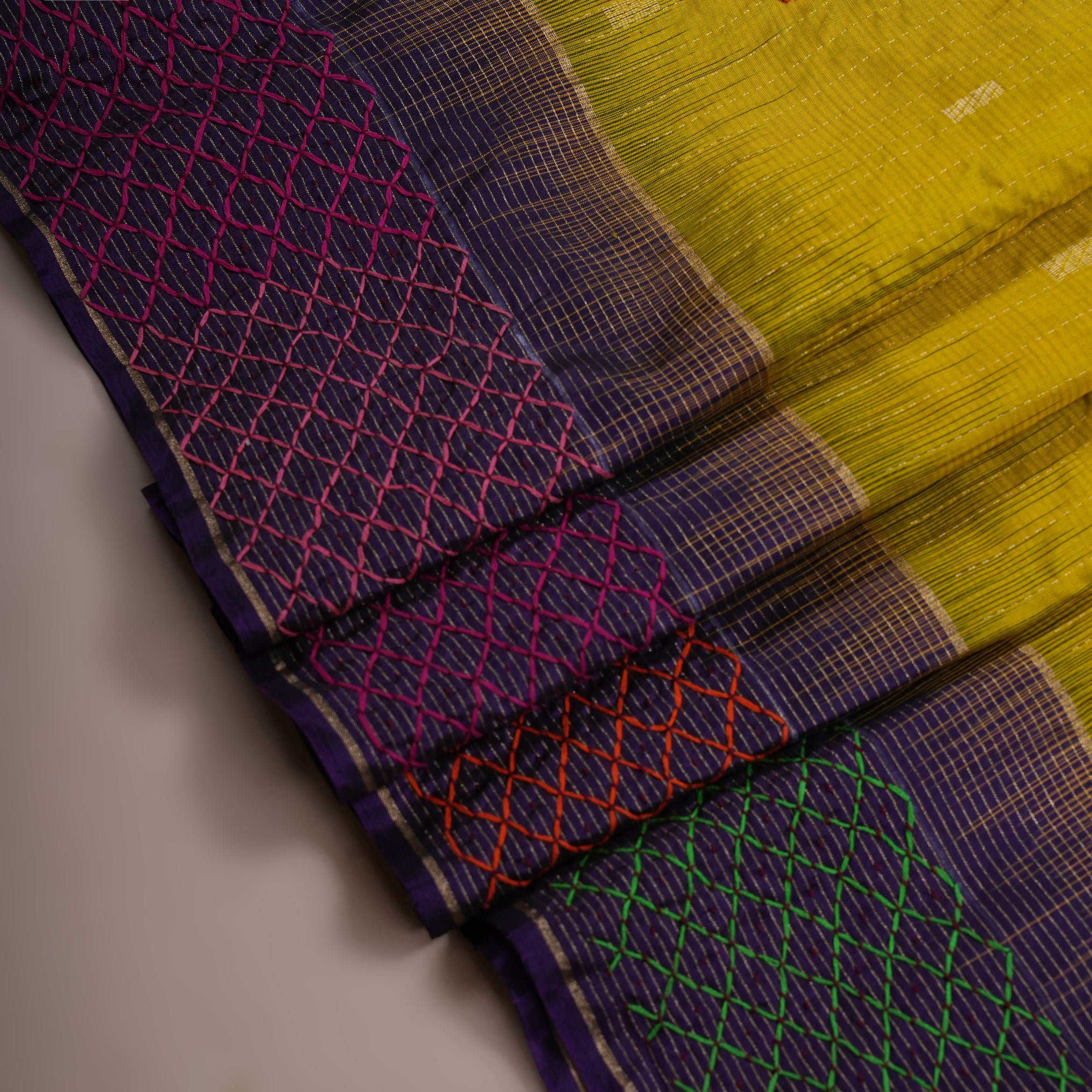 Molkalmuru Lambani Silk Saree | Mustard Yellow & Purple Hand Embroidered Mirror Work Saree