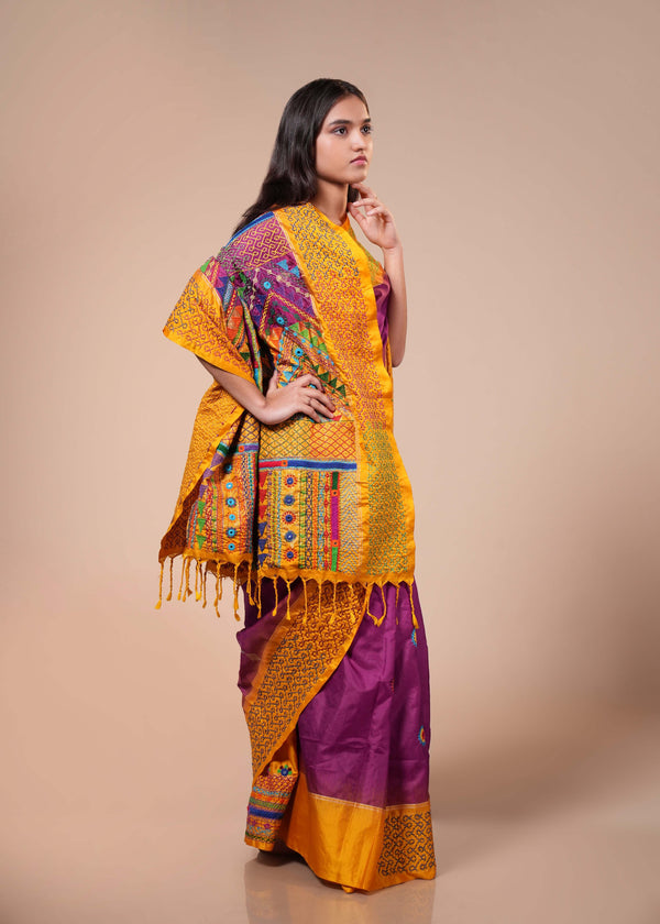 Molkalmuru Lambani Silk Saree | Purple & Mustard Hand Embroidered Mirror Work Saree