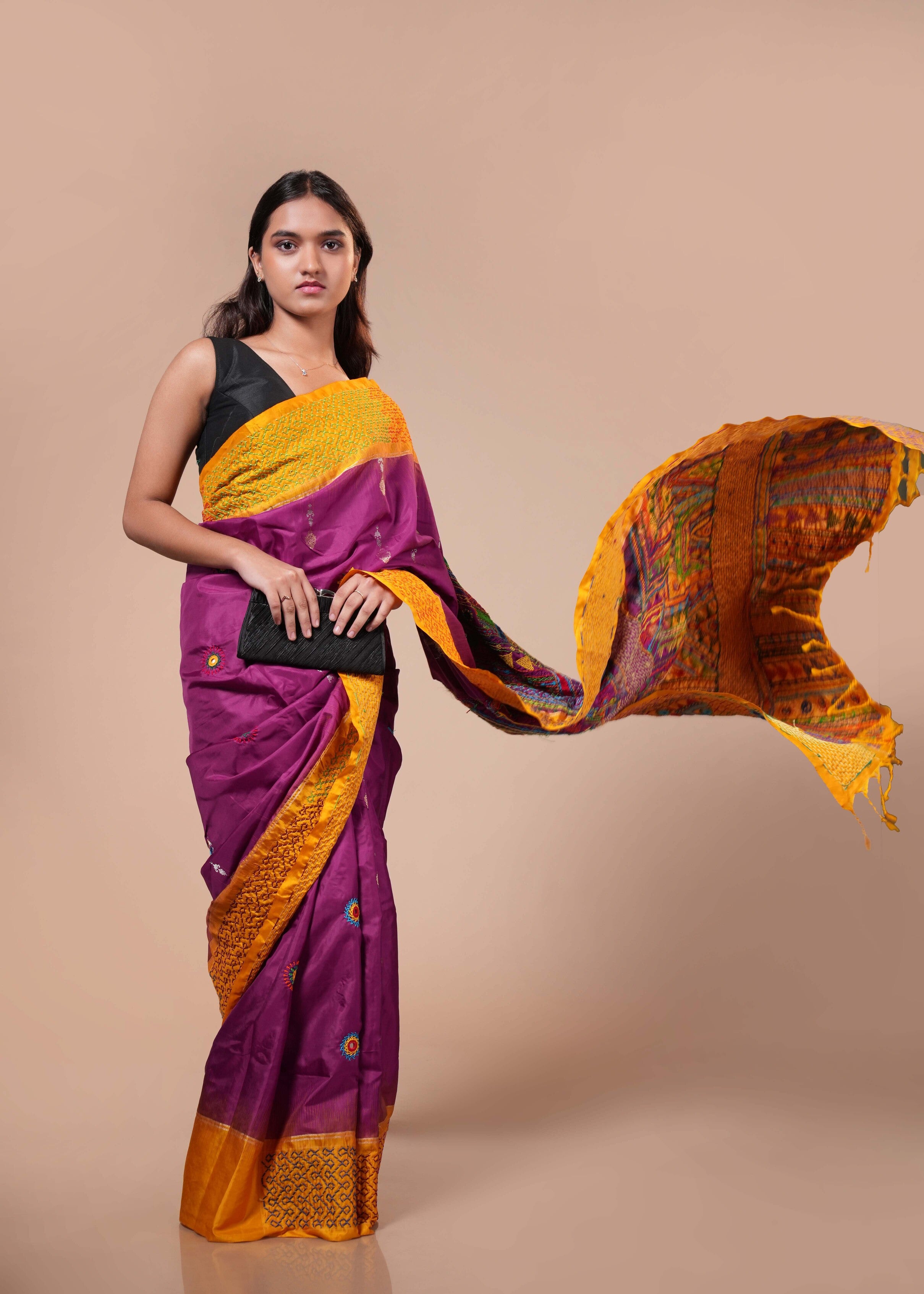 Molkalmuru Lambani Silk Saree | Purple & Mustard Hand Embroidered Mirror Work Saree