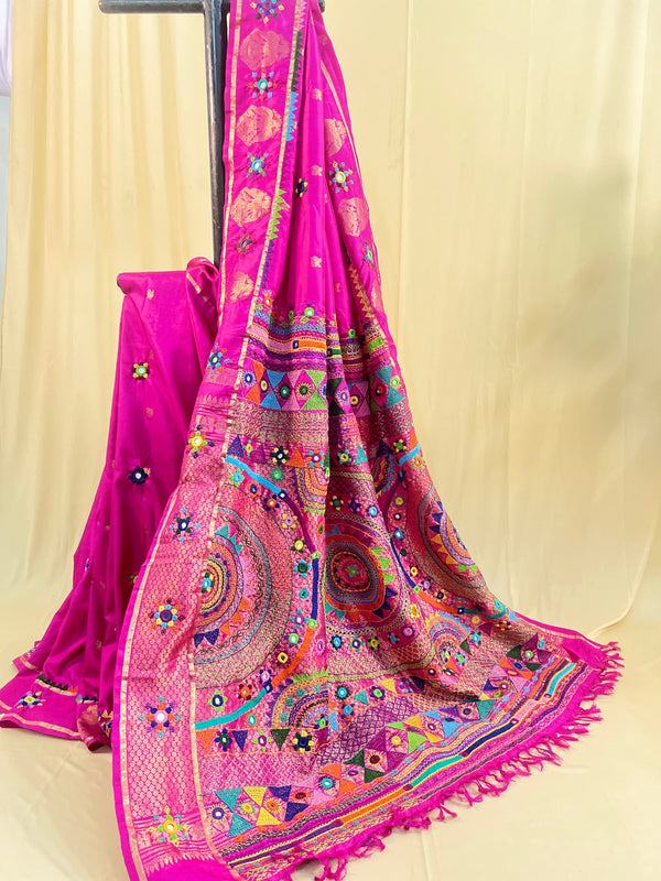 Lambani Silk Saree | Rani Pink Handcrafted Embroidered Molkalmuru Saree