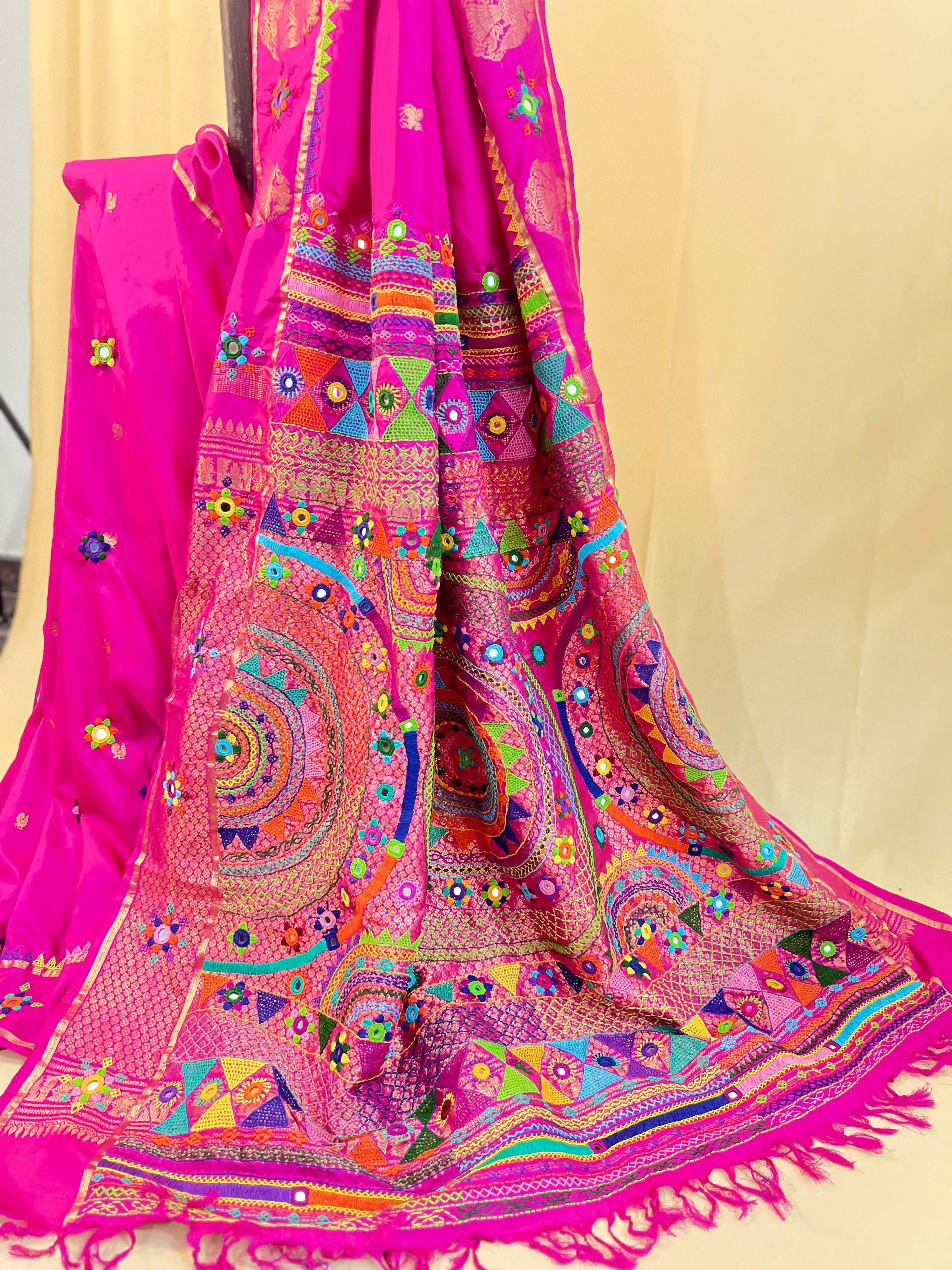 Lambani Silk Saree | Rani Pink Handcrafted Embroidered Molkalmuru Saree