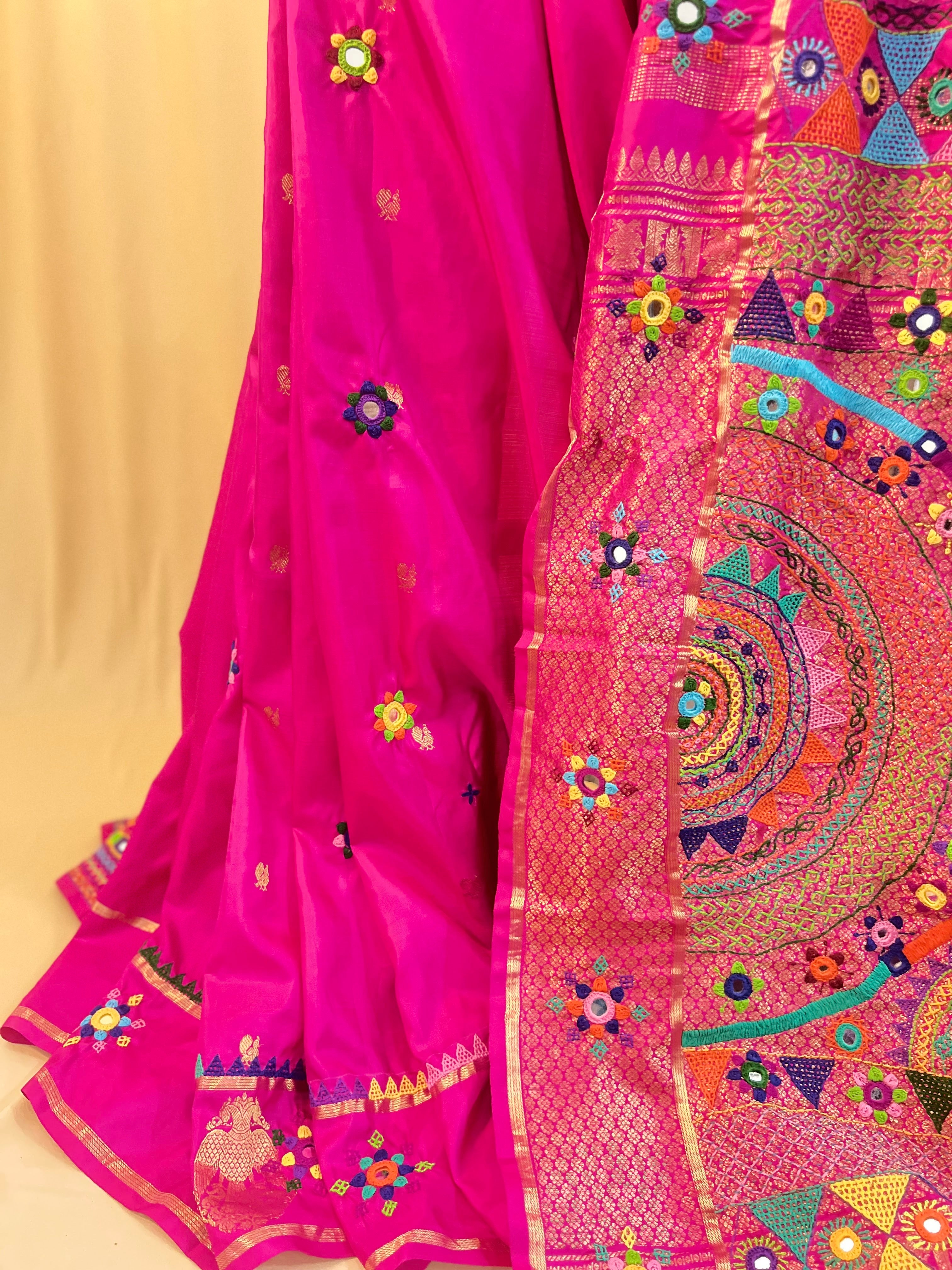 Lambani Silk Saree | Rani Pink Handcrafted Embroidered Molkalmuru Saree