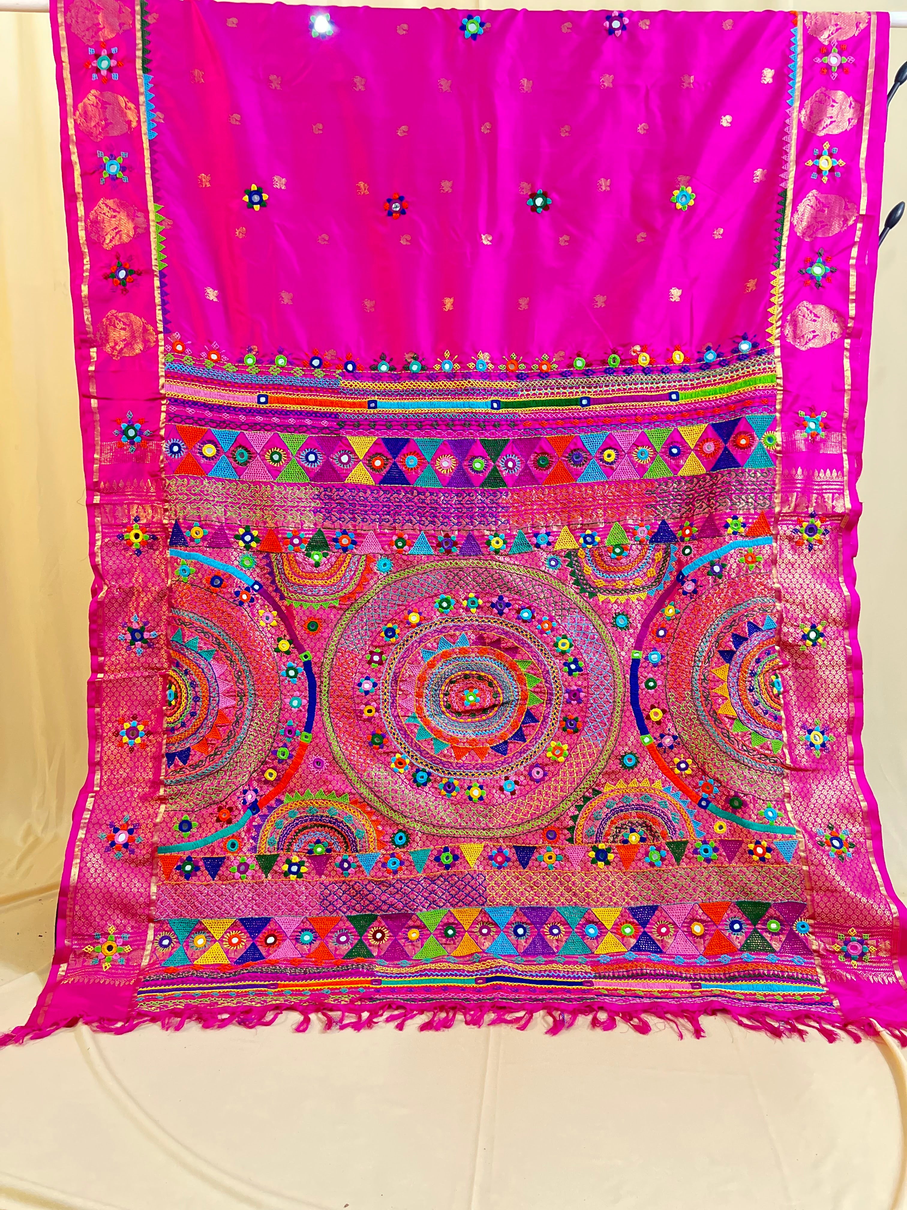 Lambani Silk Saree | Rani Pink Handcrafted Embroidered Molkalmuru Saree