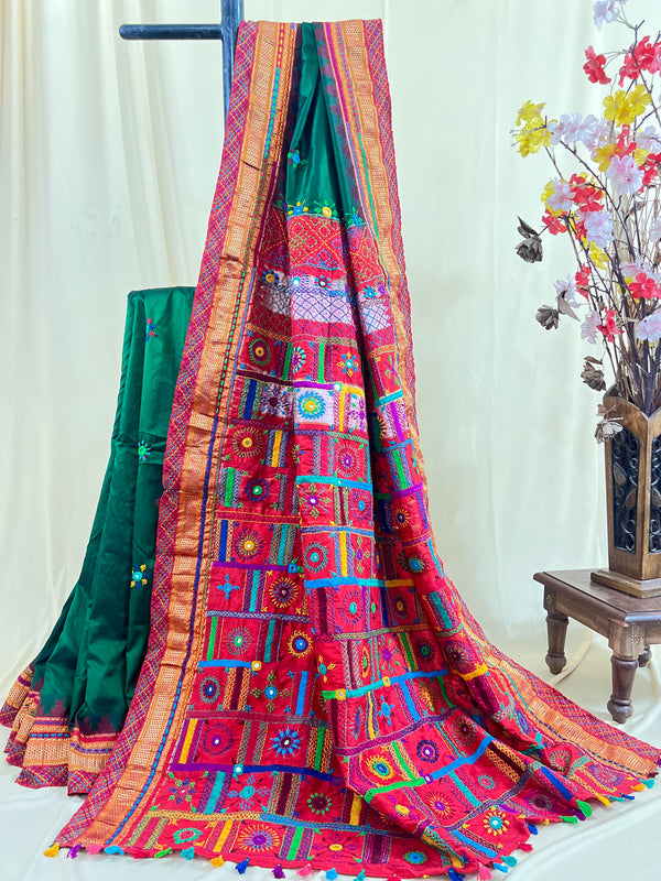 Lambani Silk Saree | Red & Green Handcrafted Embroidered Molkalmuru Saree