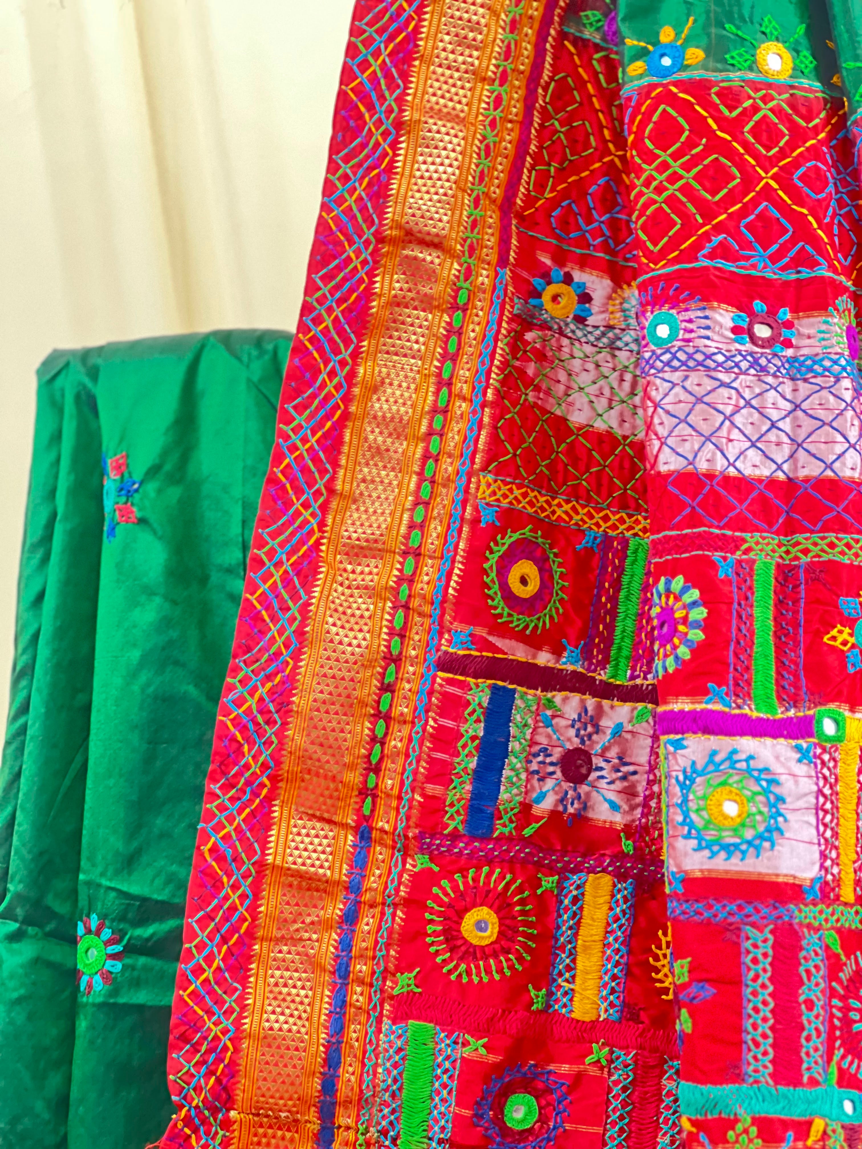 Lambani Silk Saree | Red & Green Handcrafted Embroidered Molkalmuru Saree