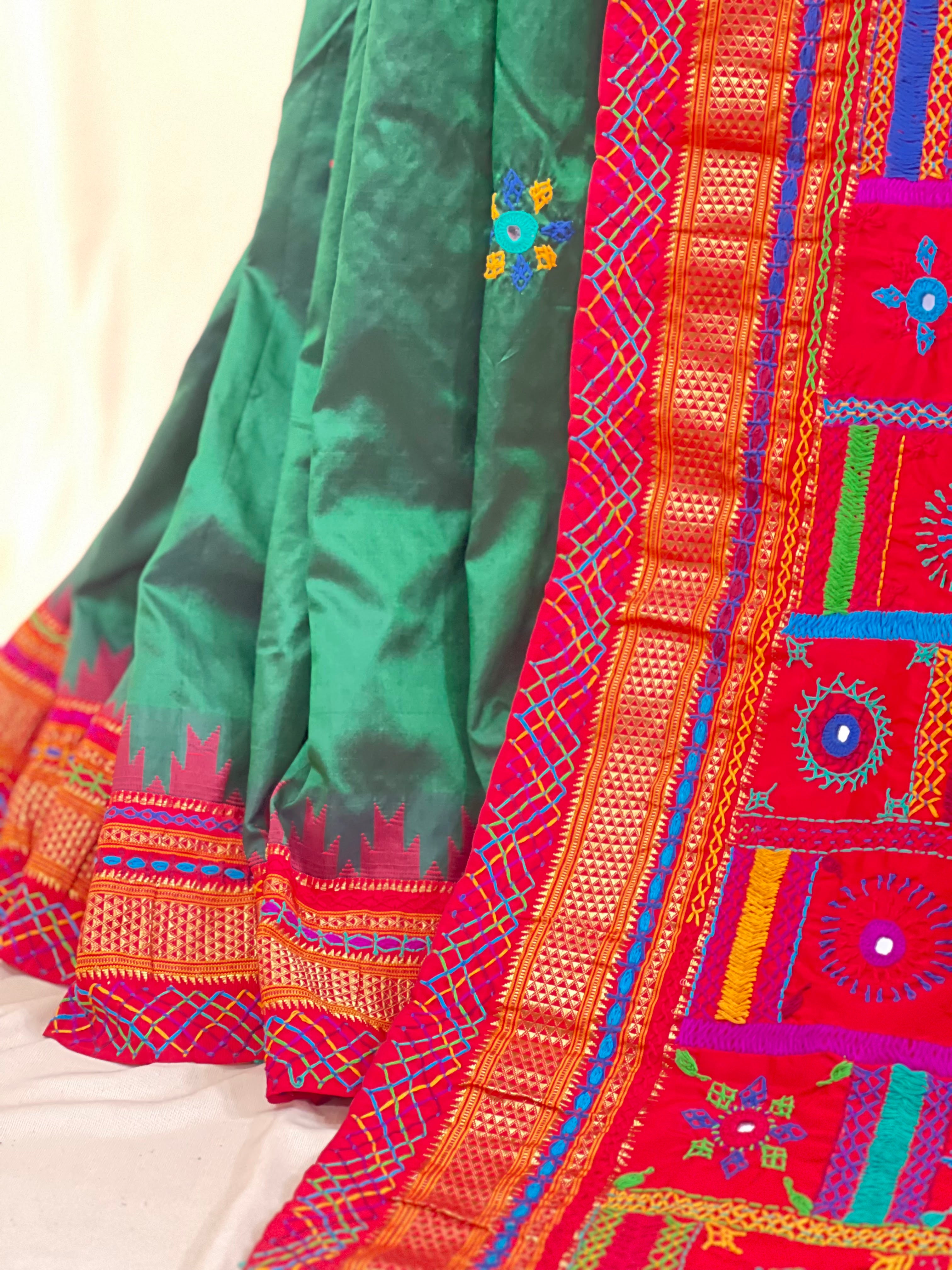 Lambani Silk Saree | Red & Green Handcrafted Embroidered Molkalmuru Saree
