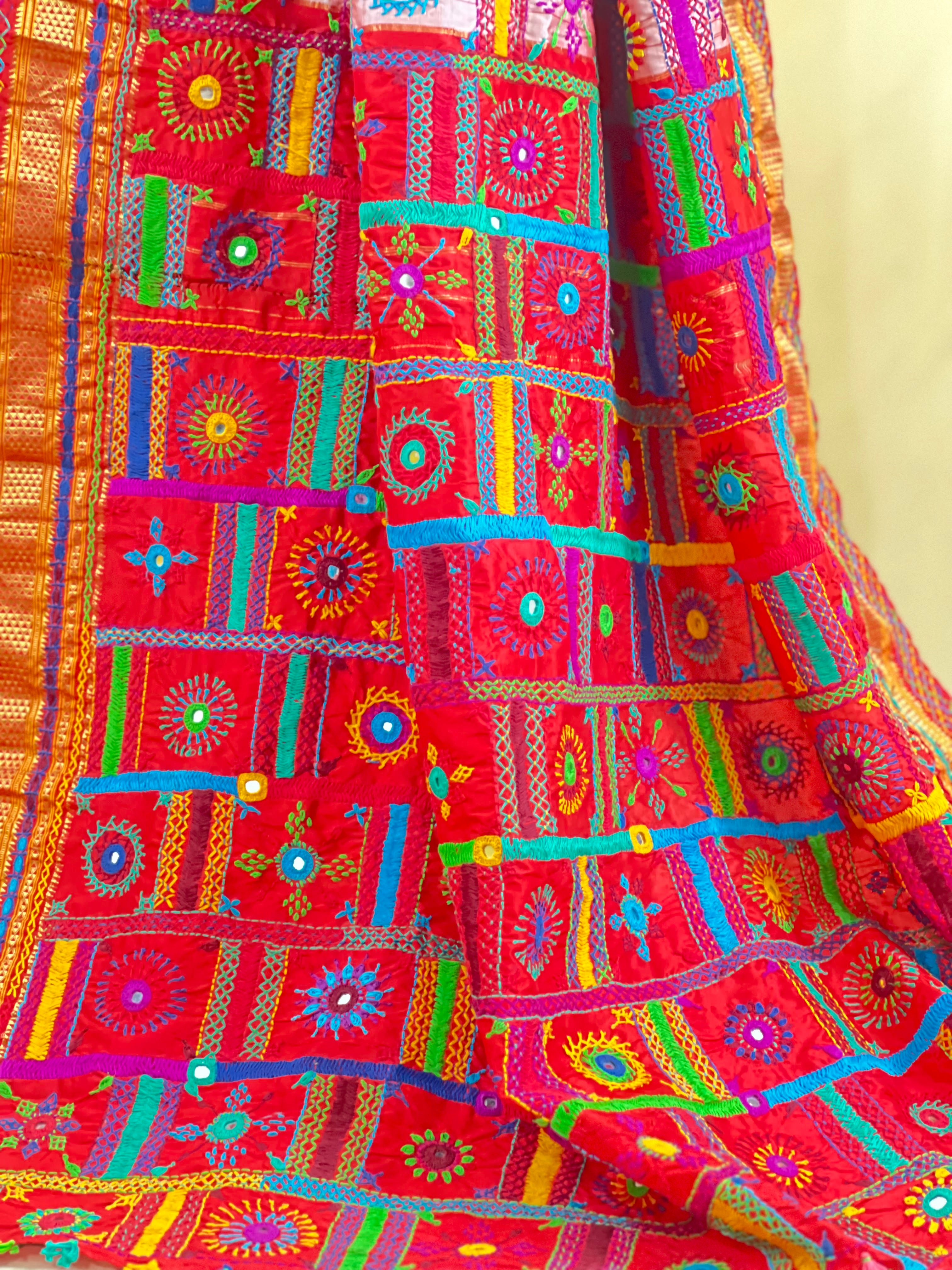Lambani Silk Saree | Red & Green Handcrafted Embroidered Molkalmuru Saree