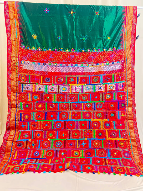Lambani Silk Saree | Red & Green Handcrafted Embroidered Molkalmuru Saree