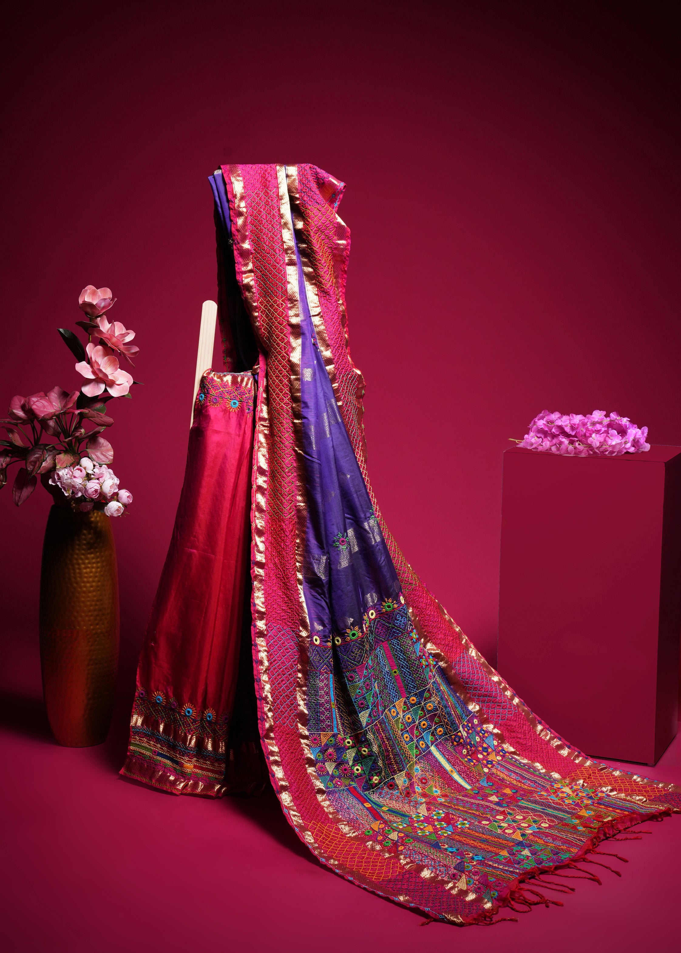 Molkalmuru Lambani Silk Saree | Red & Purple Hand Embroidered Mirror Work Saree