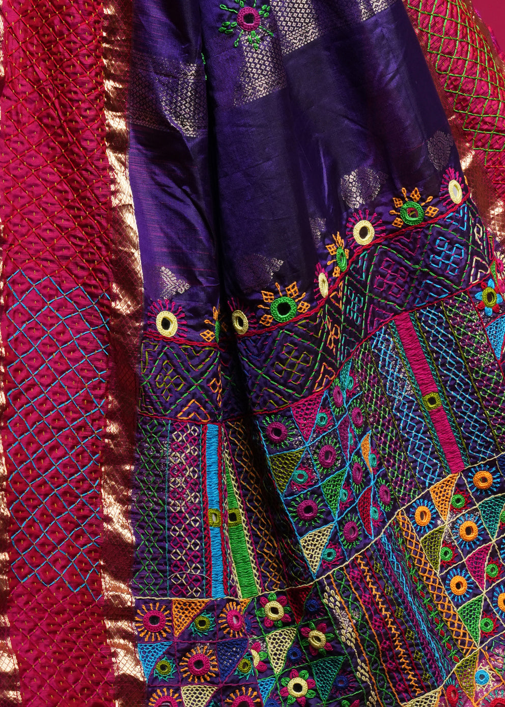 Molkalmuru Lambani Silk Saree | Red & Purple Hand Embroidered Mirror Work Saree
