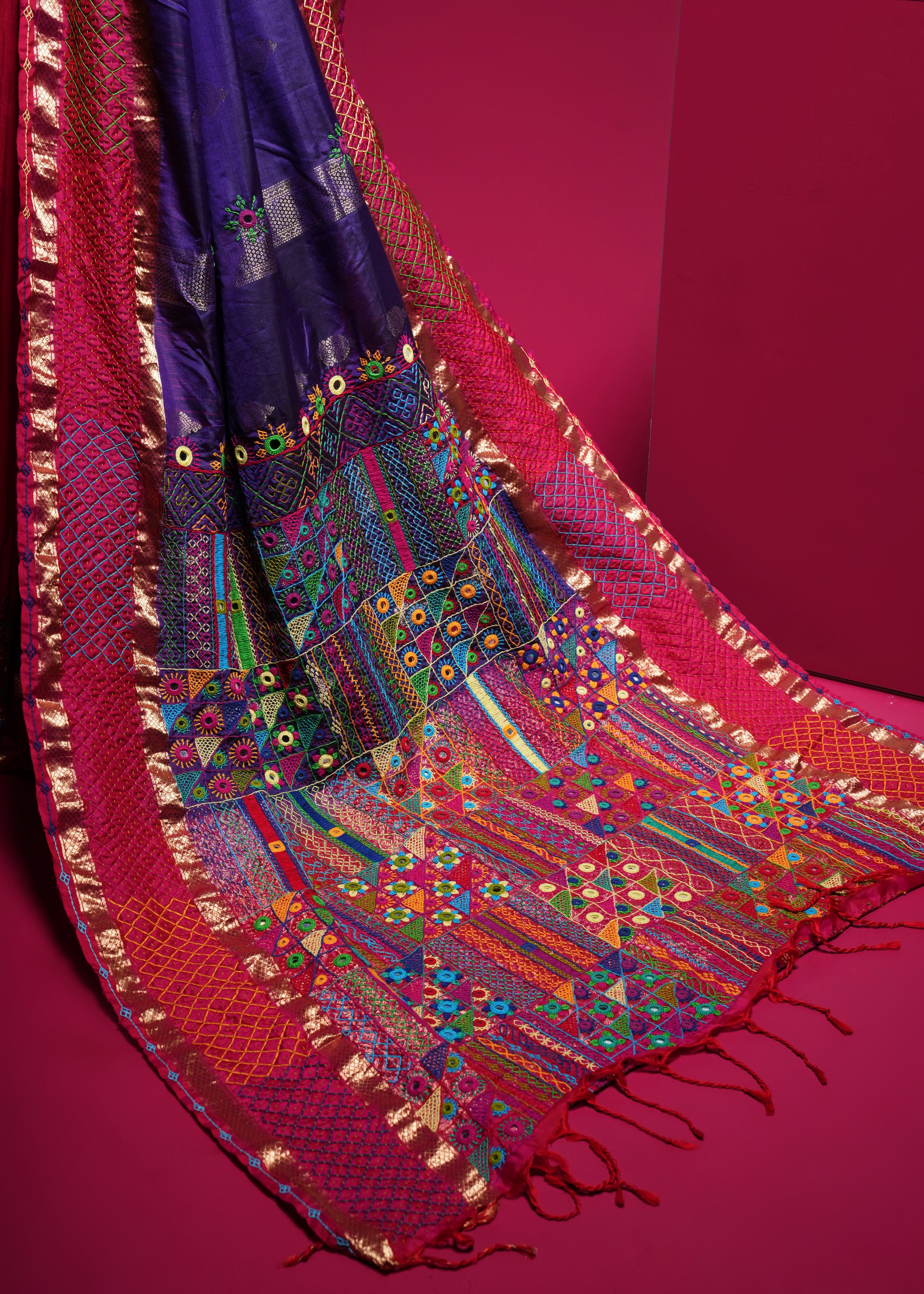 Molkalmuru Lambani Silk Saree | Red & Purple Hand Embroidered Mirror Work Saree