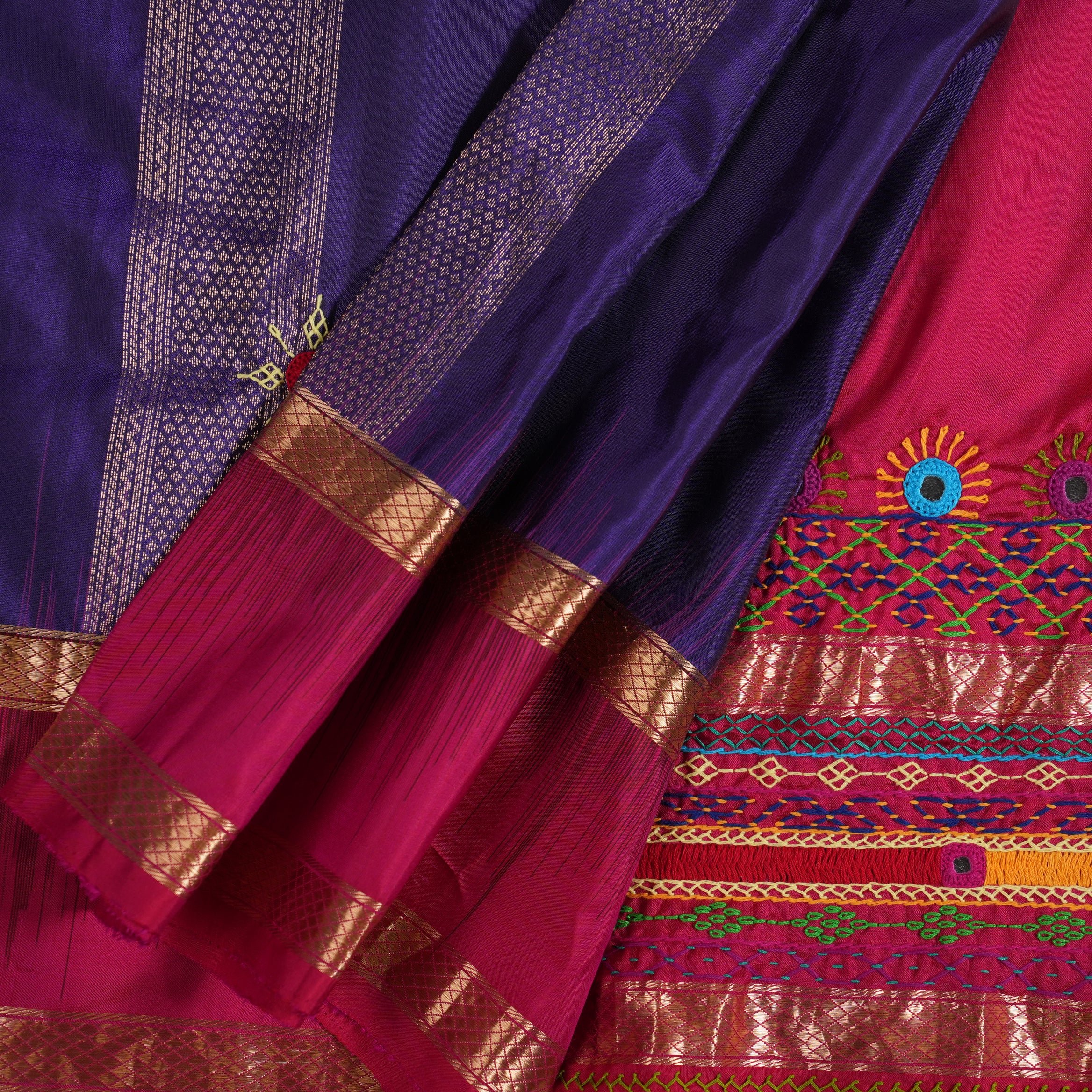 Molkalmuru Lambani Silk Saree | Red & Purple Hand Embroidered Mirror Work Saree