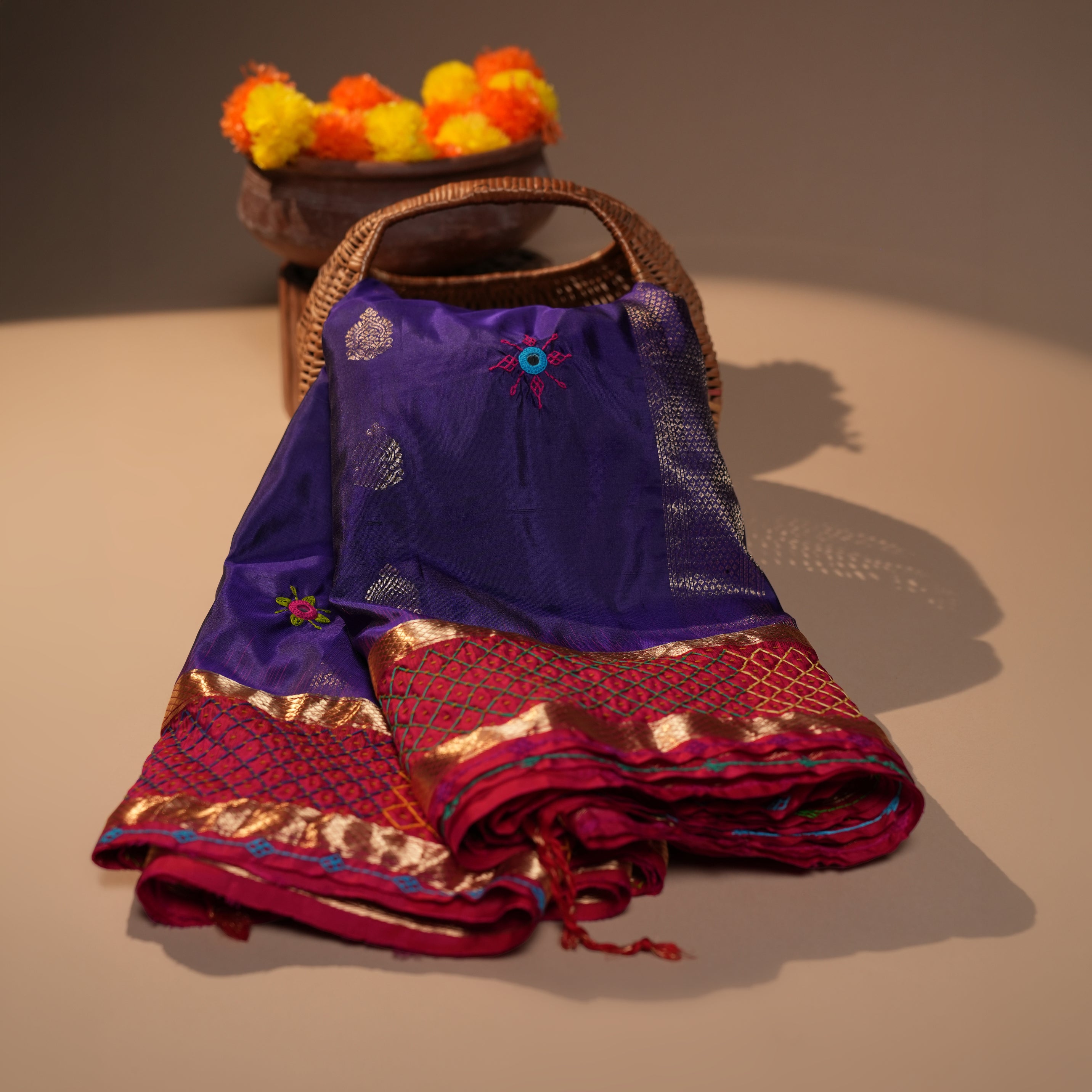 Molkalmuru Lambani Silk Saree | Red & Purple Hand Embroidered Mirror Work Saree