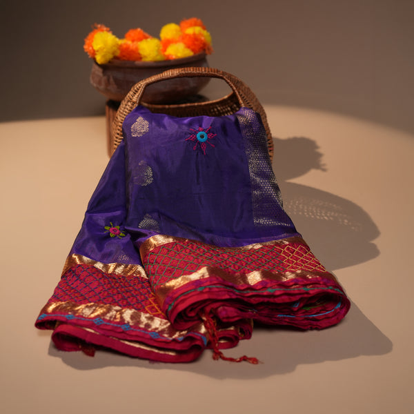 Molkalmuru Lambani Silk Saree | Red & Purple Hand Embroidered Mirror Work Saree