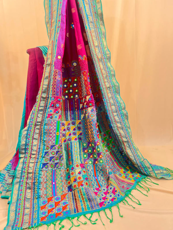 Lambani Silk Saree | Turquoise & Pink Handcrafted Embroidered Molkalmuru Saree