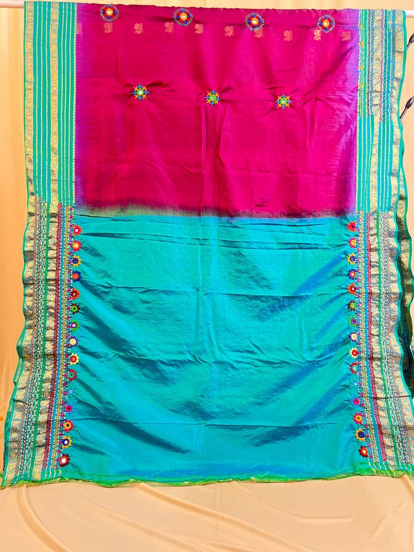 Lambani Silk Saree | Turquoise & Pink Handcrafted Embroidered Molkalmuru Saree