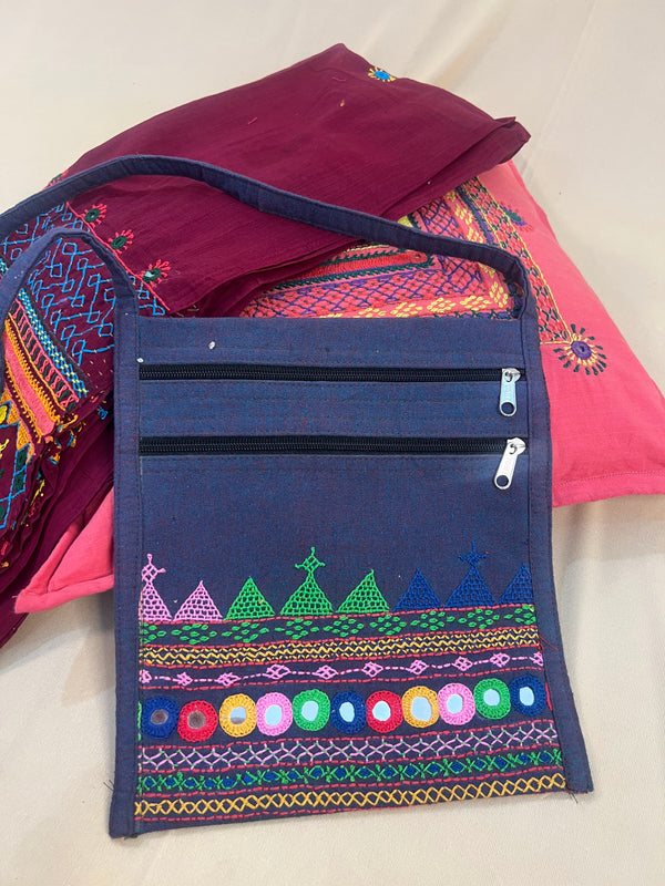 Navy Blue Handloom Cotton Sling Bag with Multicolor Lambani Embroidery