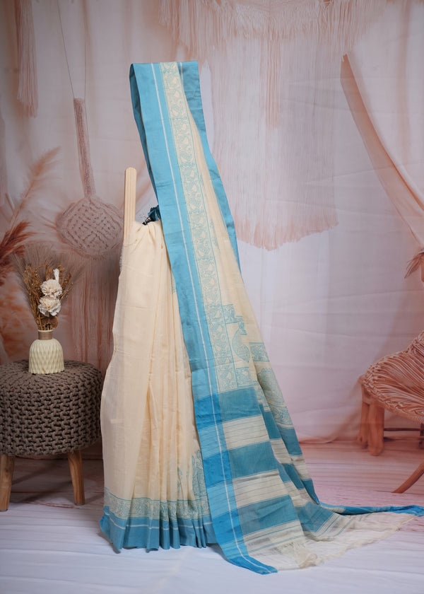 Off White & Blue Traditional Border Cotton Saree