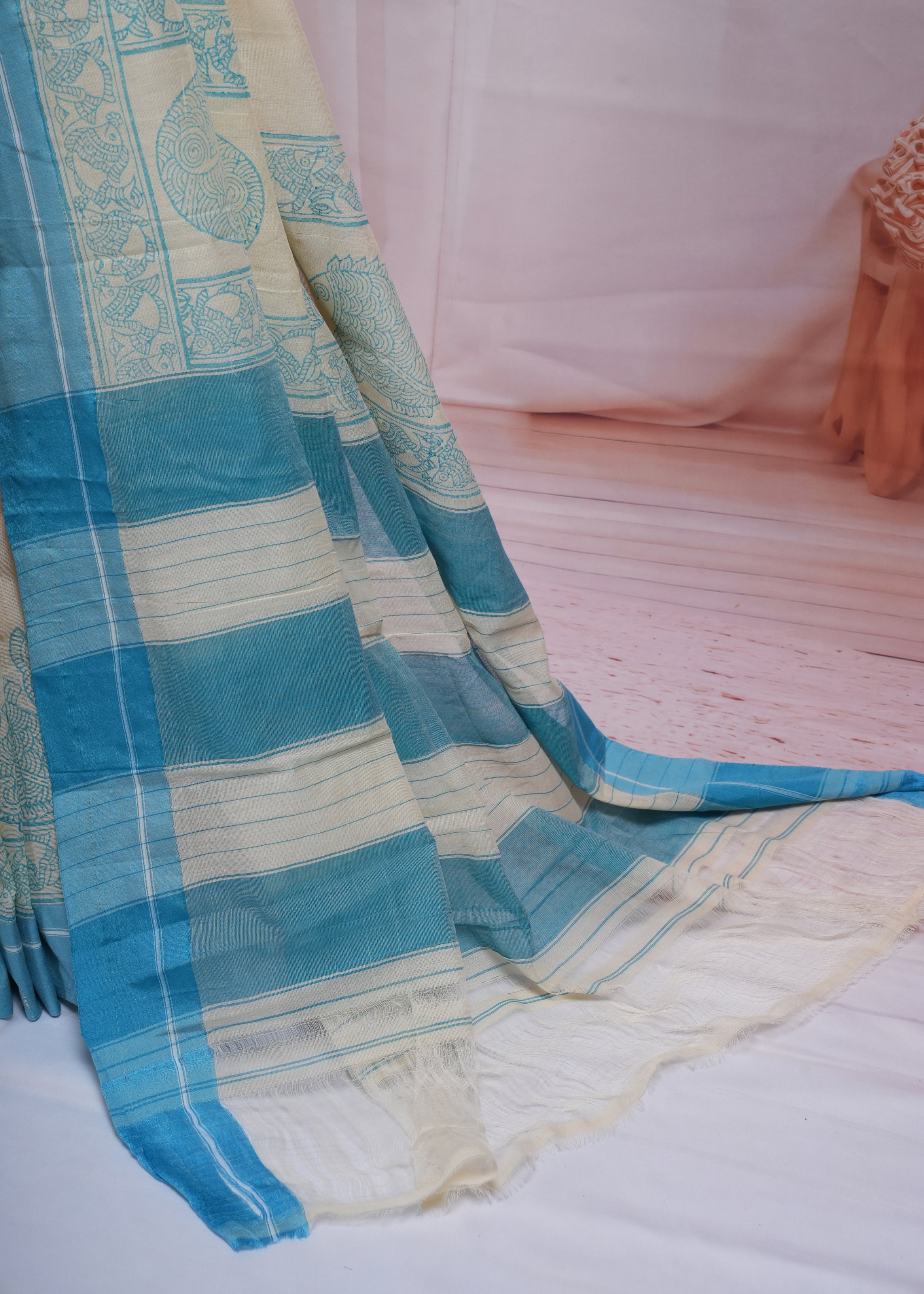 Off White & Blue Traditional Border Cotton Saree