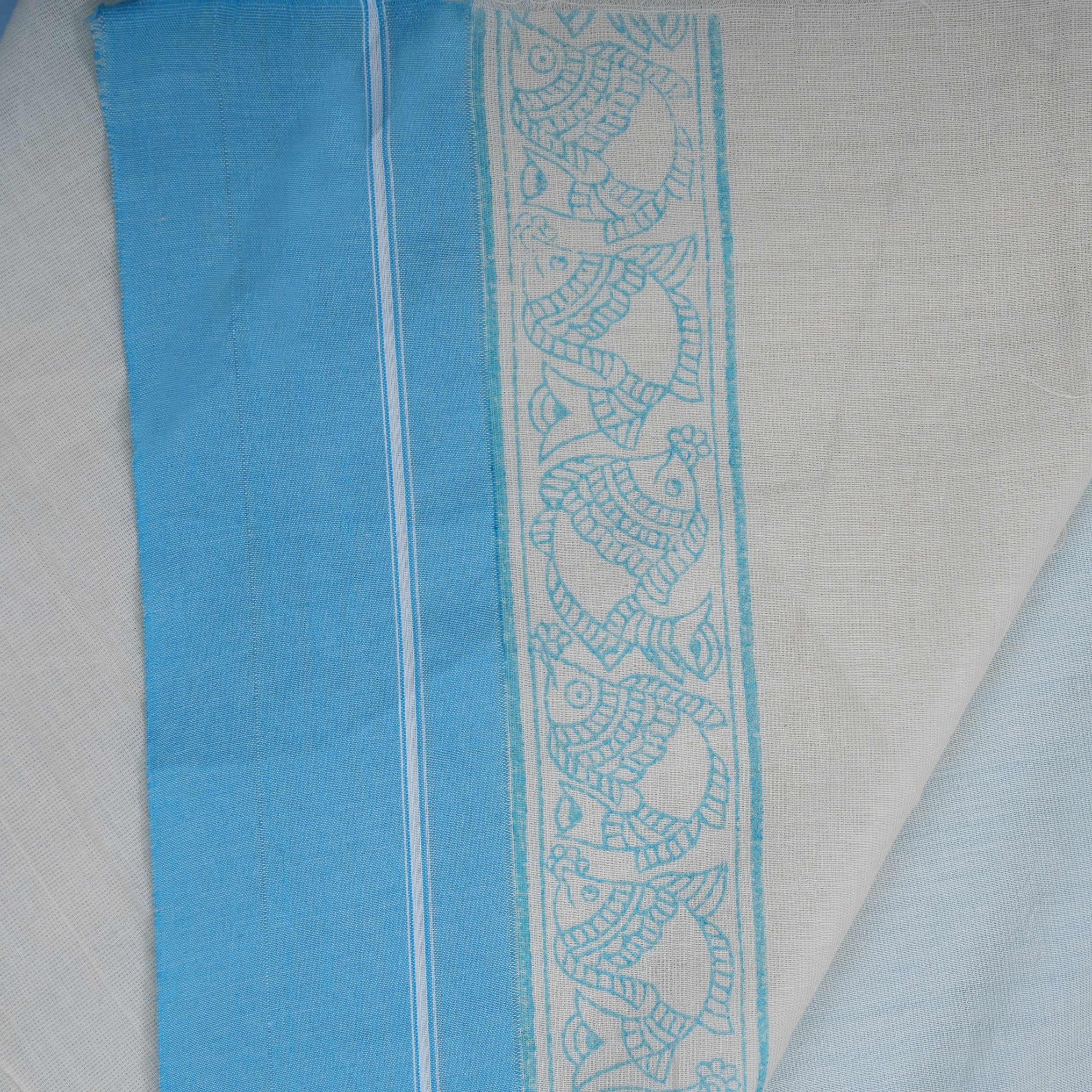 Off White & Blue Traditional Border Cotton Saree