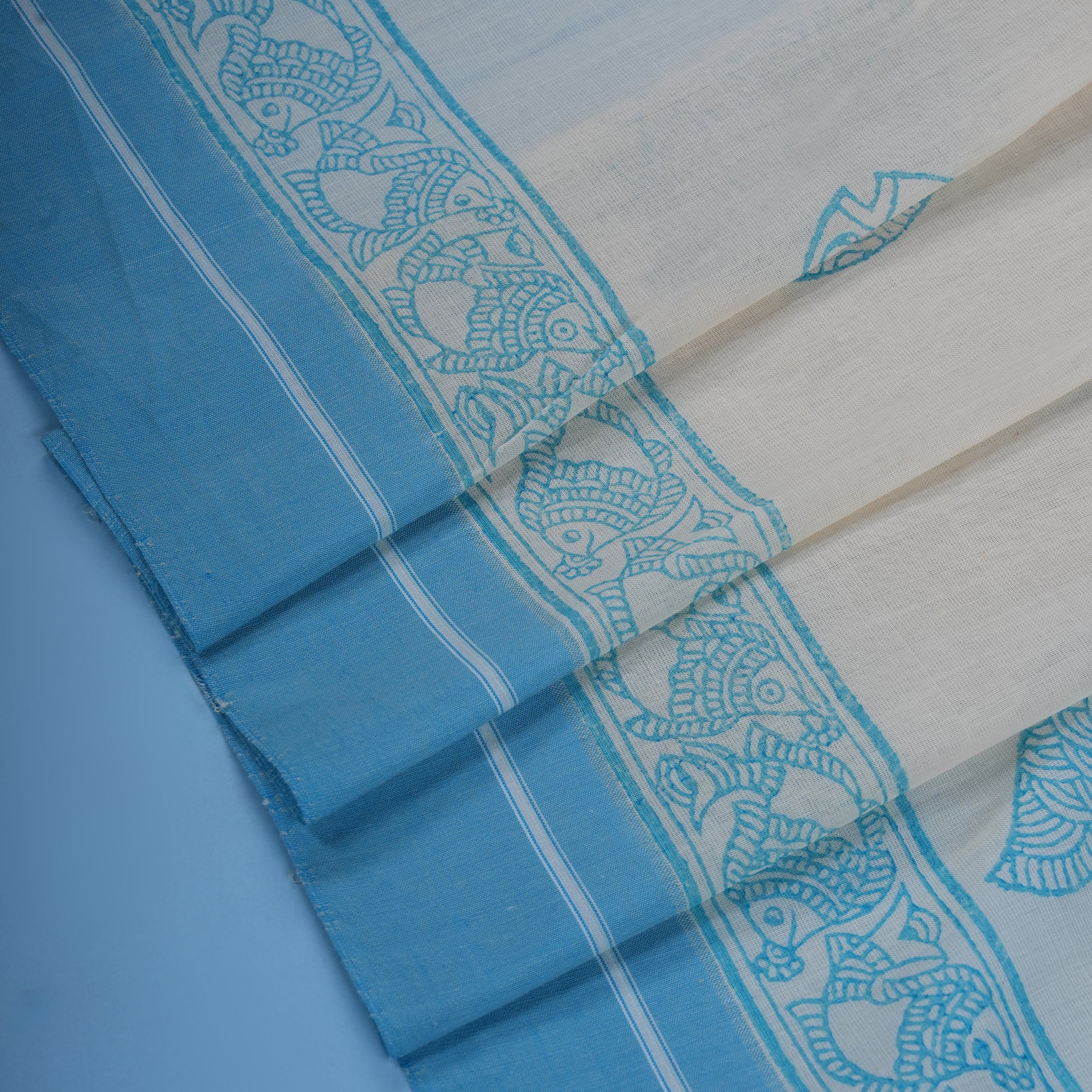 Off White & Blue Traditional Border Cotton Saree