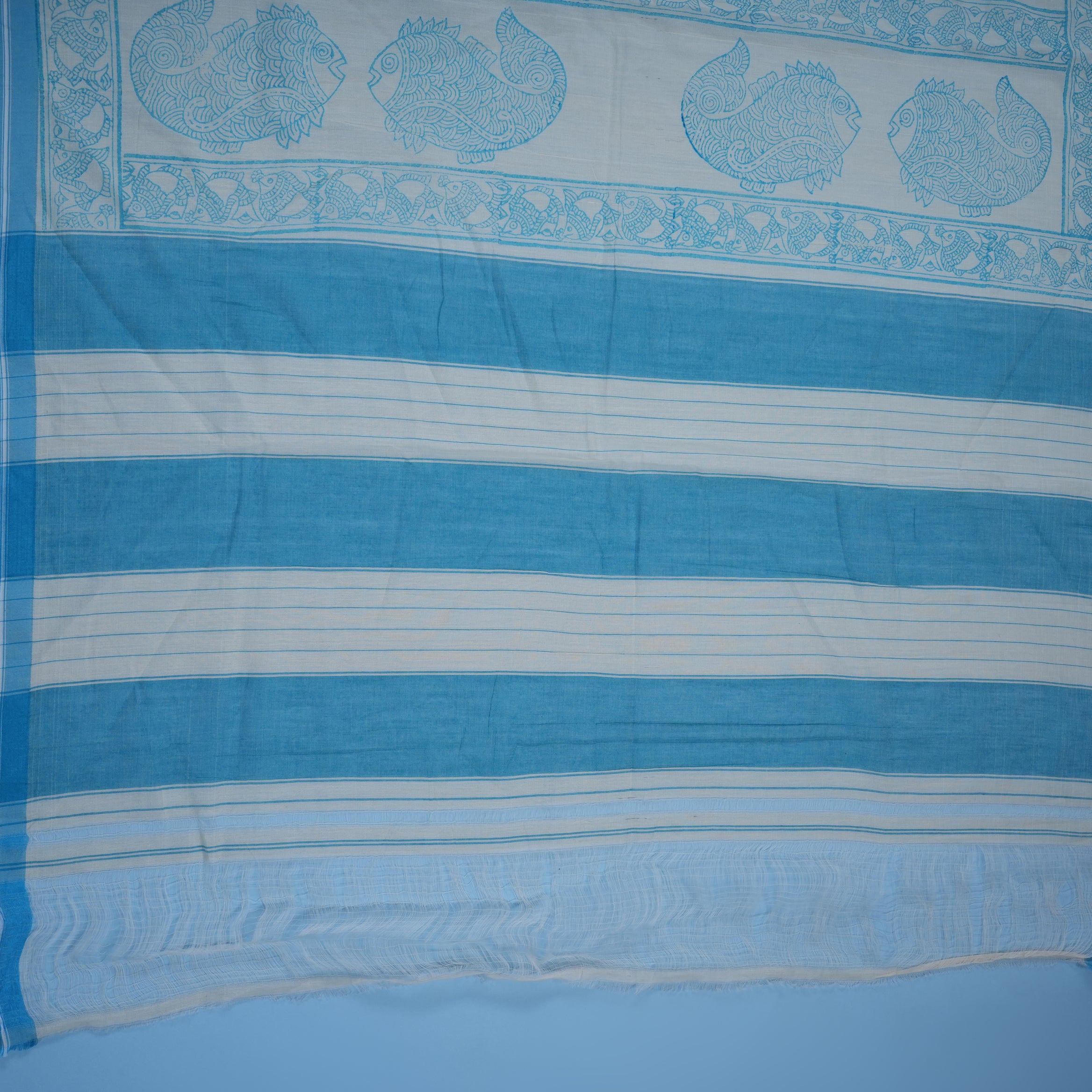 Off White & Blue Traditional Border Cotton Saree
