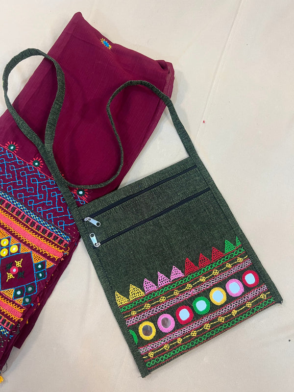 Olive Grey Handloom Cotton Sling Bag with Lambani Mirror Embroidery