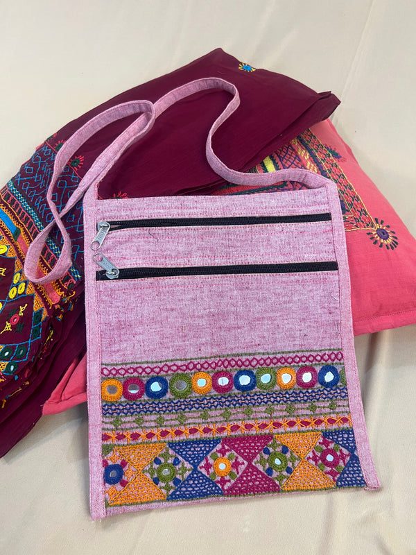 Pastel Pink Handloom Cotton Sling Bag with Traditional Lambani Embroidery