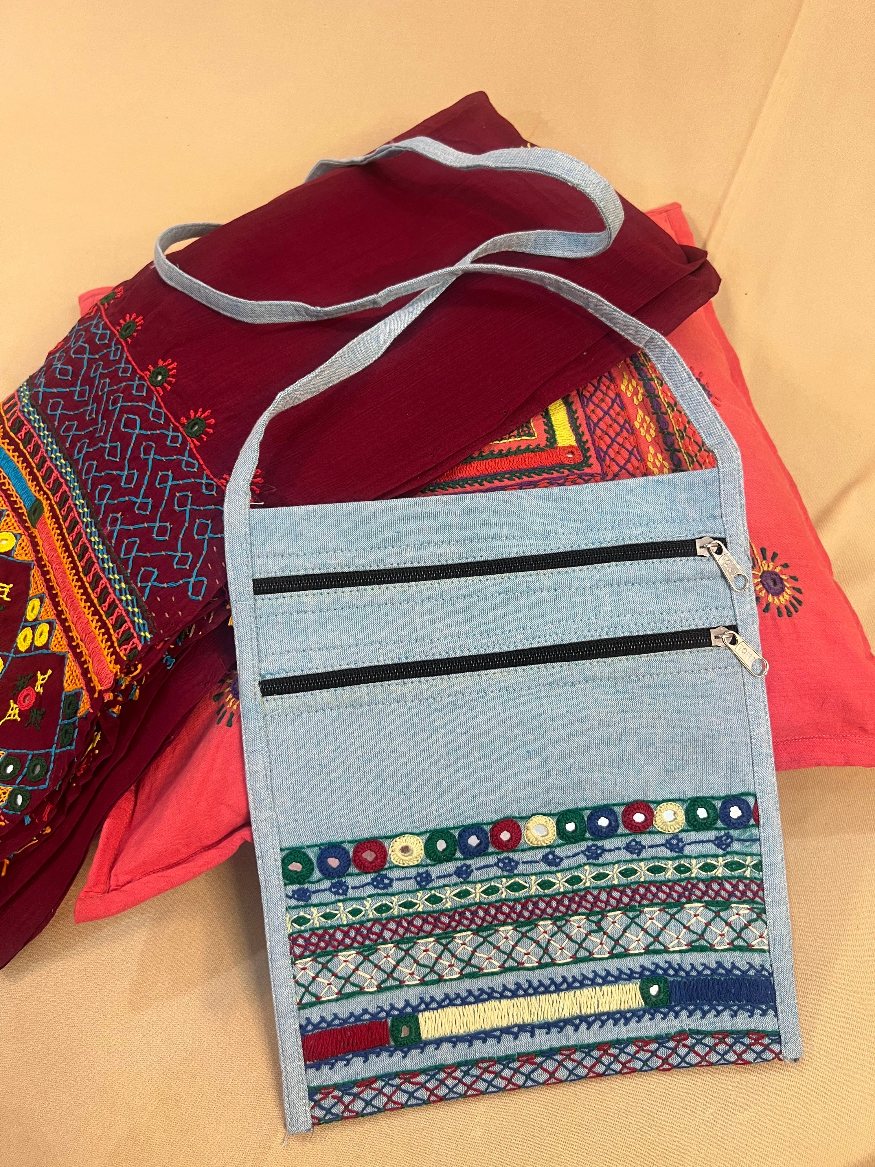 Powder Blue Handloom Cotton Sling Bag with Traditional Lambani Embroidery