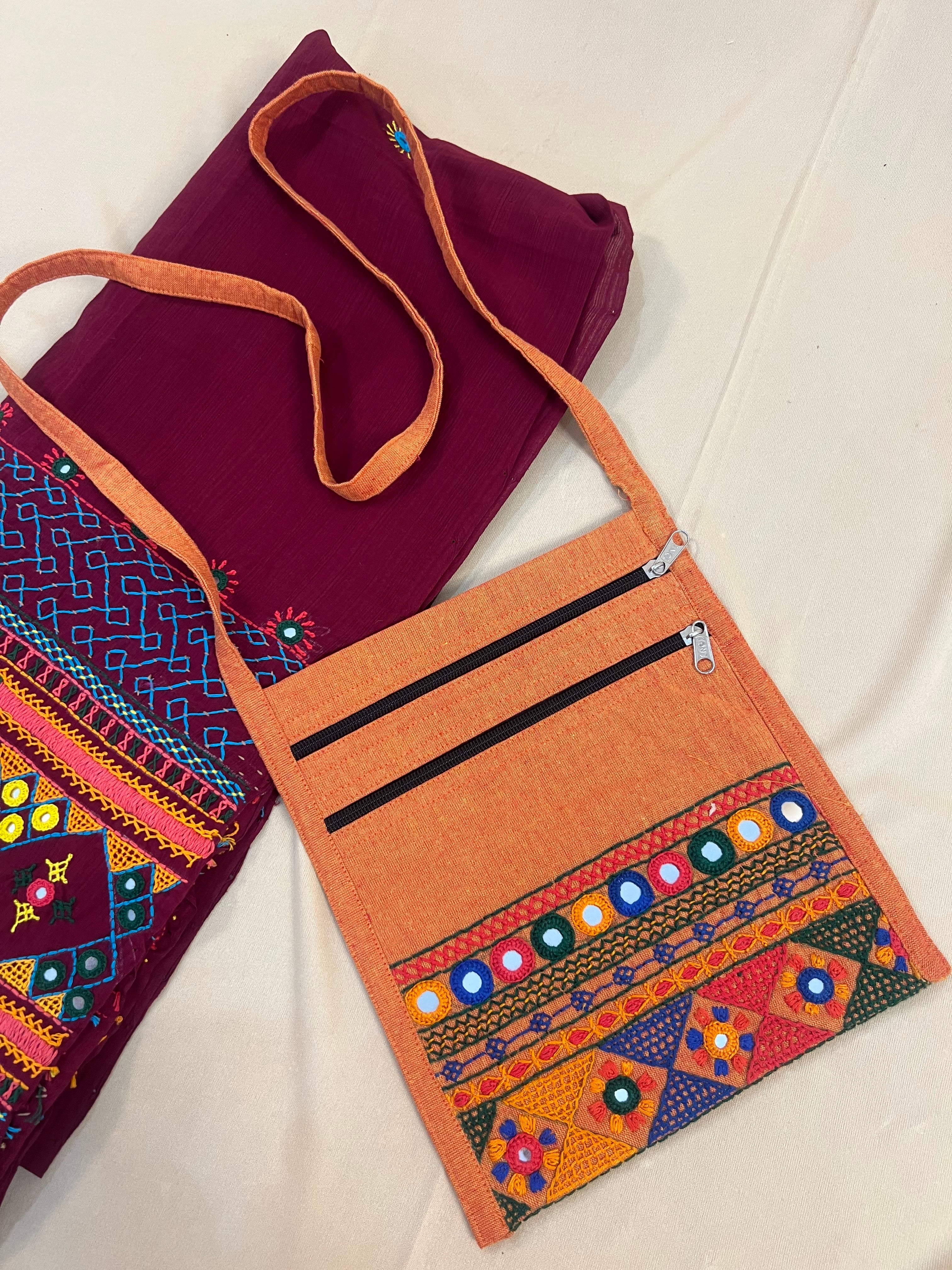 Rust Orange Handloom Cotton Sling Bag with Traditional Lambani Embroidery