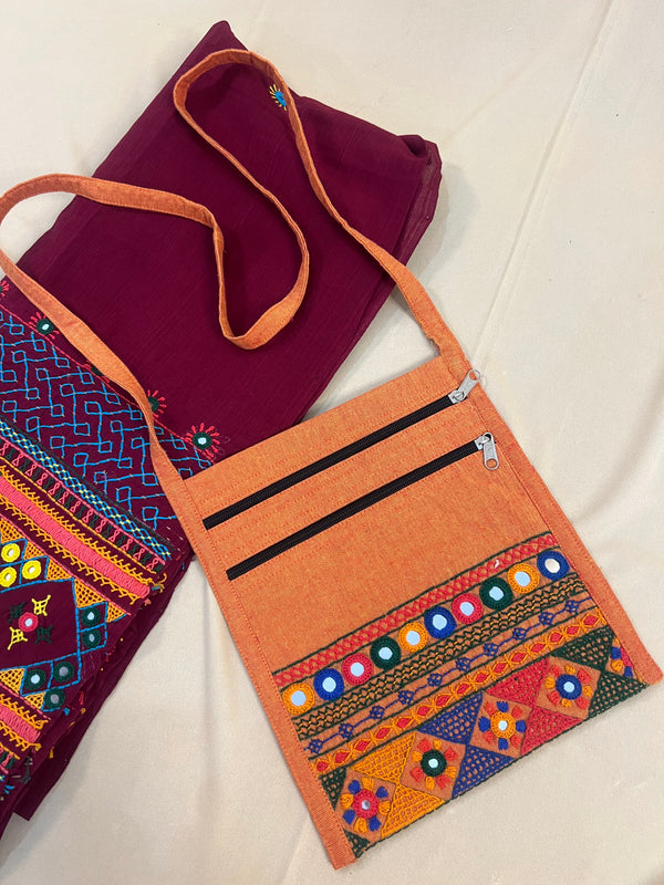 Rust Orange Handloom Cotton Sling Bag with Traditional Lambani Embroidery