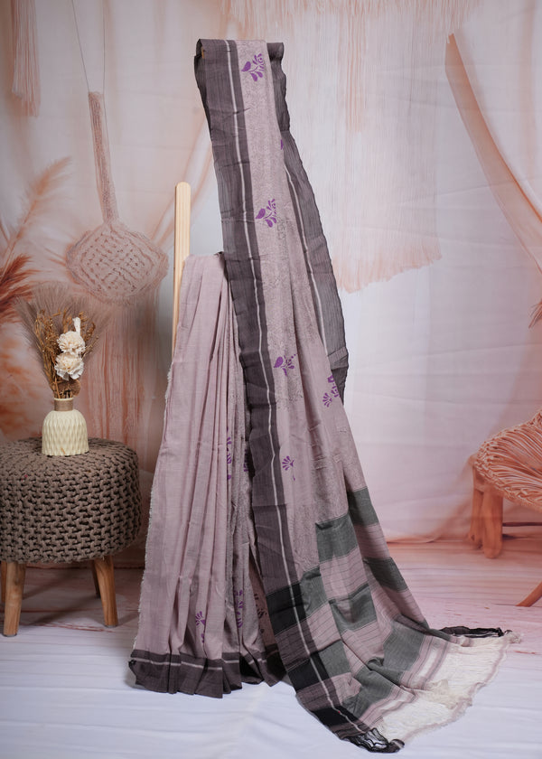 Soft Grey Minimal Motif Cotton Saree
