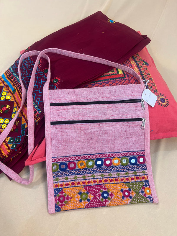 Soft Pink Handloom Cotton Sling Bag with Lambani Embroidery