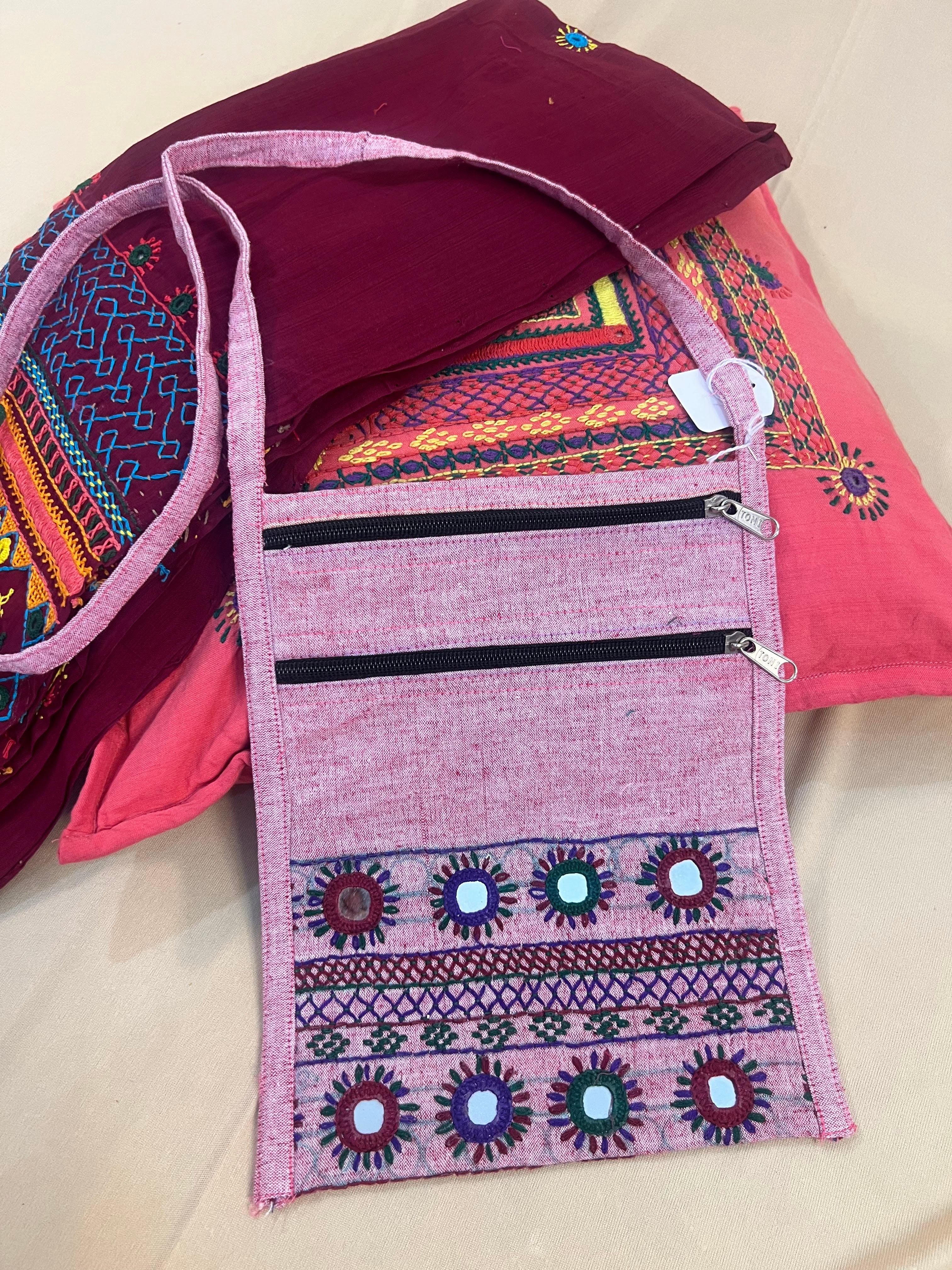Soft Pink Handloom Cotton Sling Bag with Traditional Lambani Embroidery