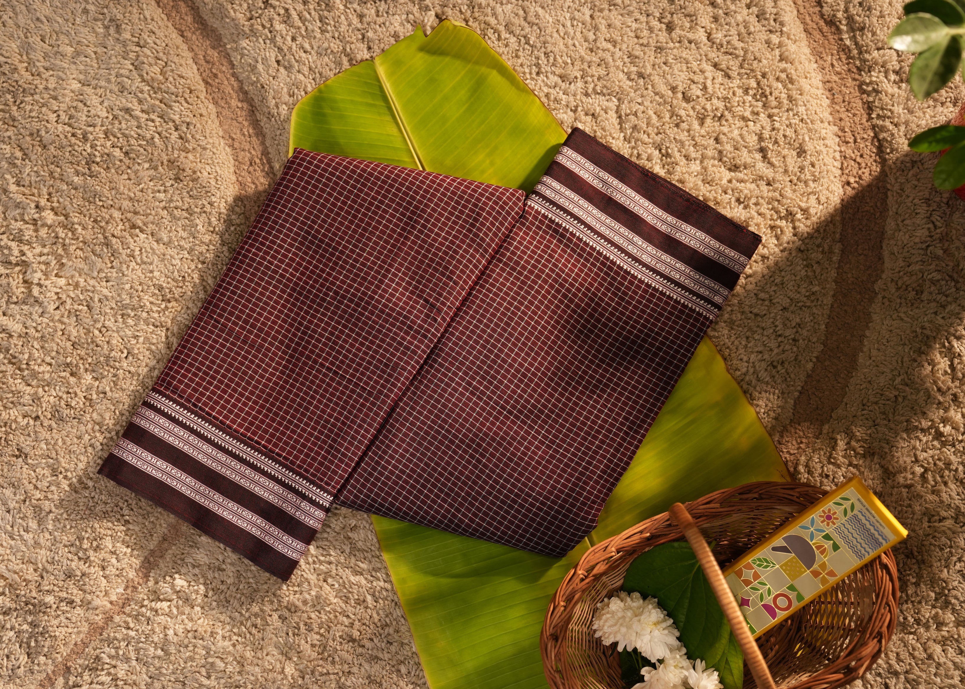 Patteda Anchu Cotton Maroon Saree – Checkered Pattern