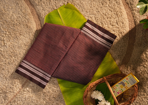 Patteda Anchu Cotton Maroon Saree – Checkered Pattern