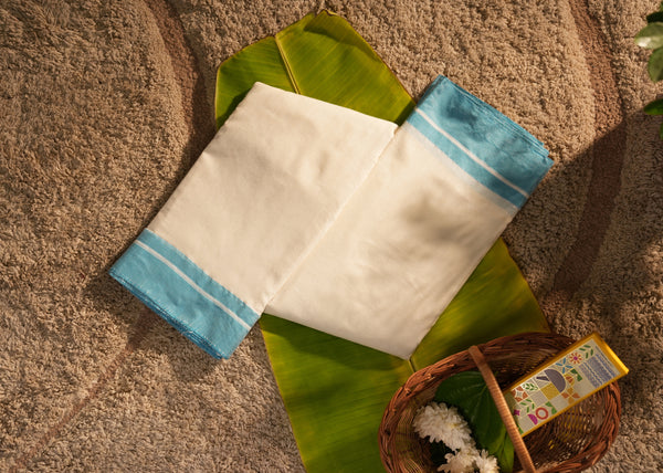 Patteda Anchu Cotton Saree – Off White with Sky Blue Border