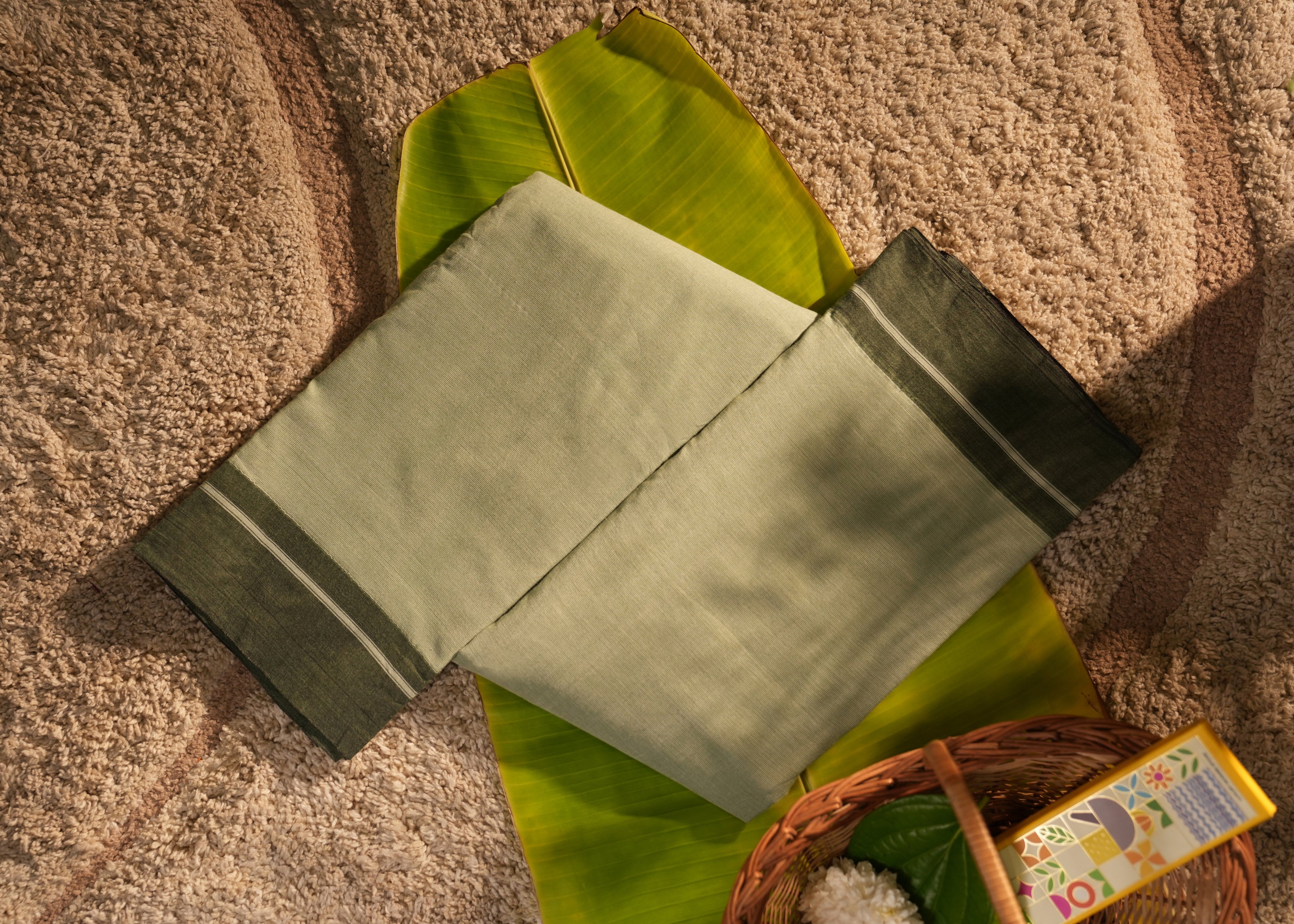 Patteda Anchu Cotton Saree – Olive Green with Dark Green Border