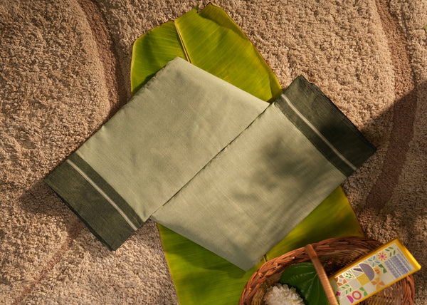 Patteda Anchu Cotton Saree – Olive Green with Dark Green Border