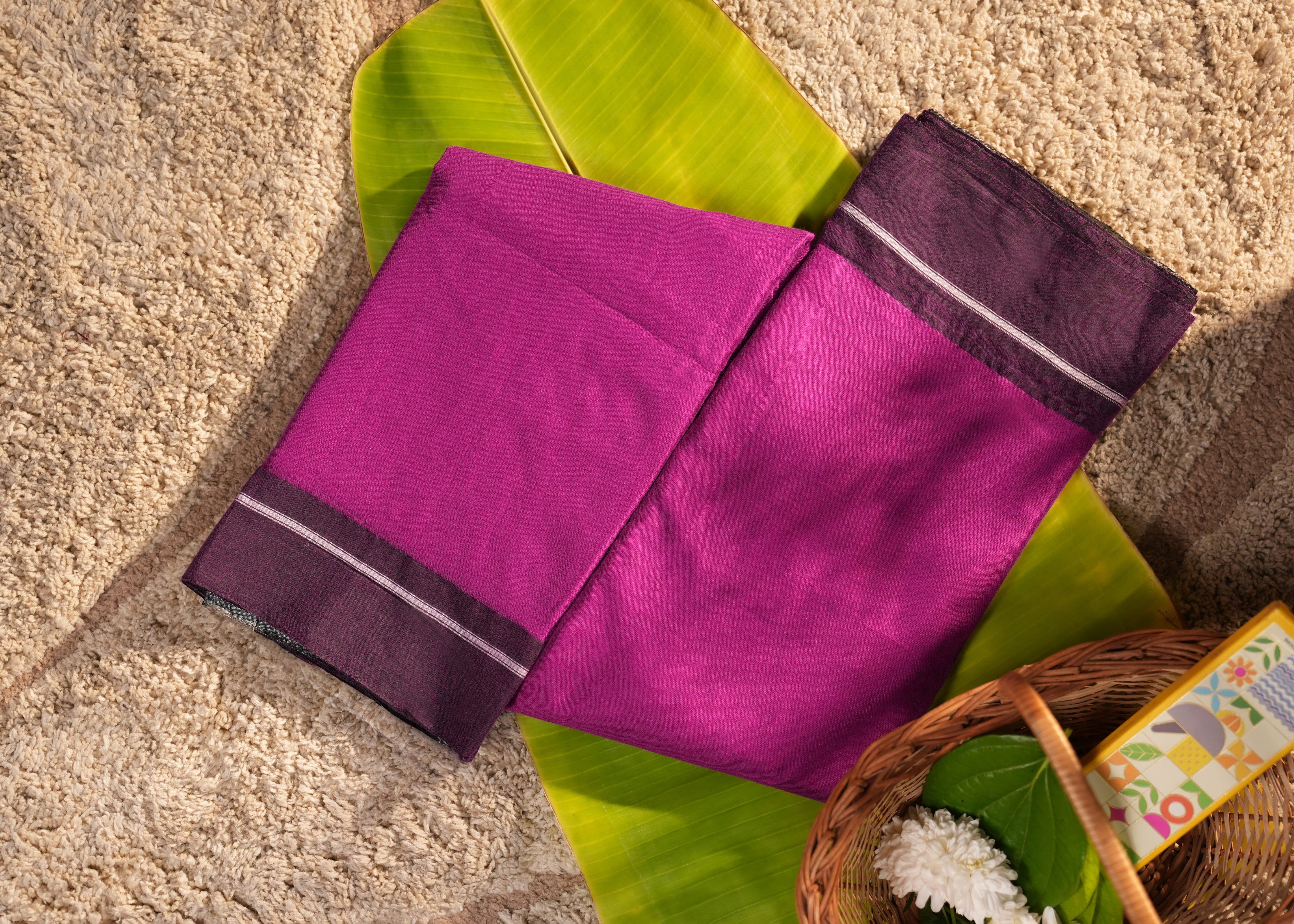 Patteda Anchu Cotton Saree - Pink and Maroon