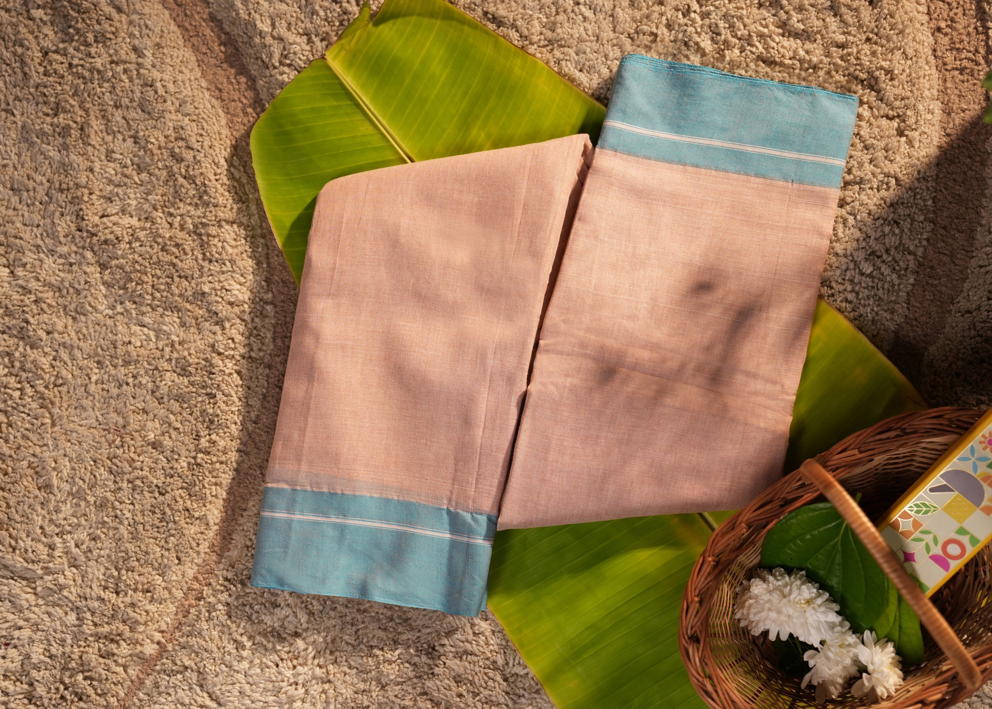 Patteda Anchu Cotton Saree – Beige & Sky Blue