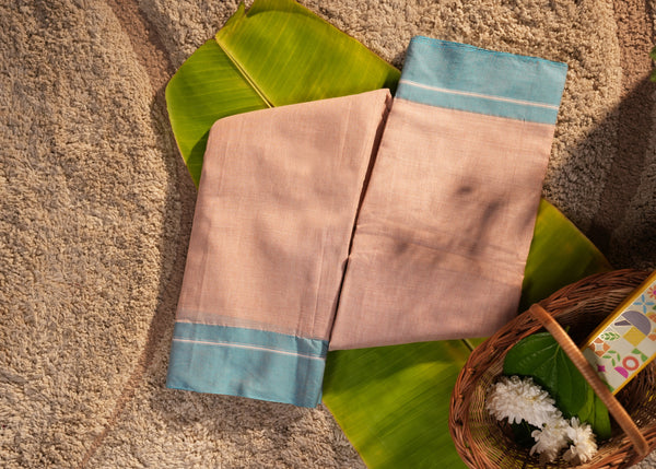 Patteda Anchu Cotton Saree – Beige & Sky Blue