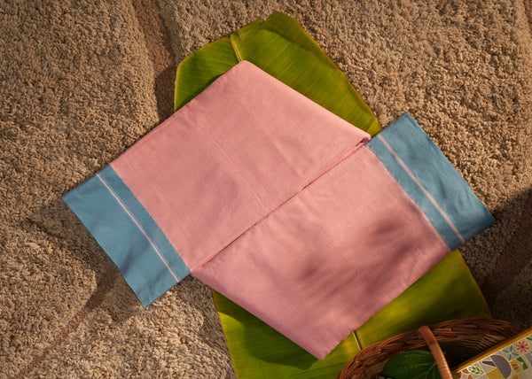 Patteda Anchu Cotton Saree – Pink with Sky Blue Border